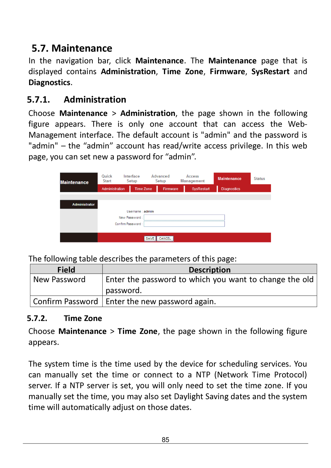 Edimax Technology AR-7182WNB manual Maintenance, Administration, Time Zone 