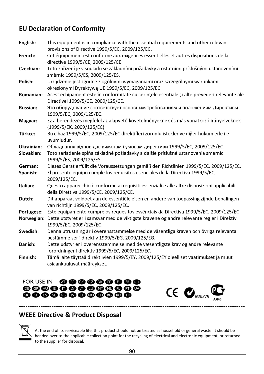 Edimax Technology AR-7182WNB manual EU Declaration of Conformity, Weee Directive & Product Disposal 