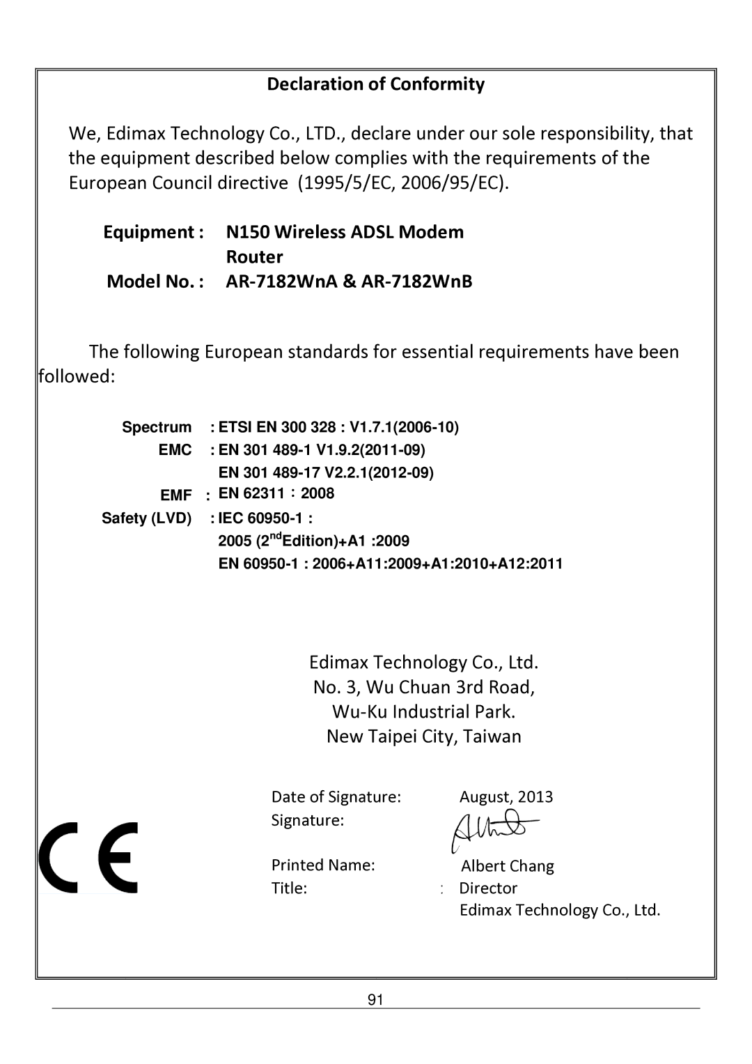 Edimax Technology AR-7182WNB manual Emc 