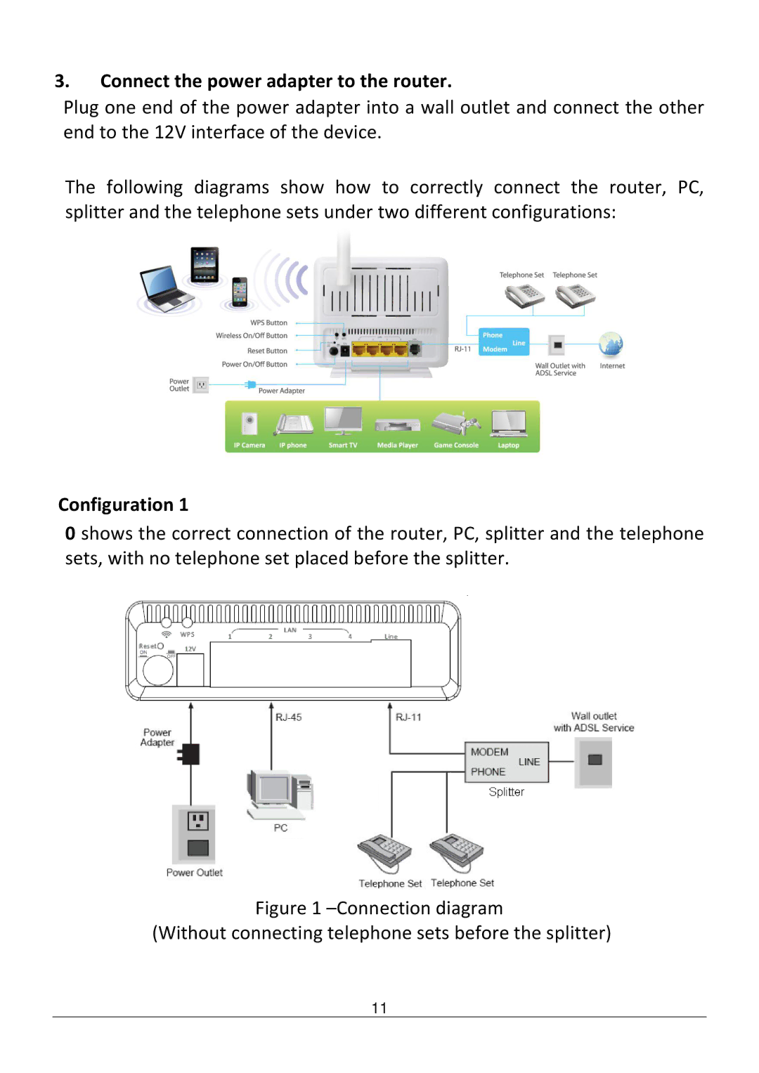 Edimax Technology AR-7186WNB manual Connect the power adapter to the router, Configuration 