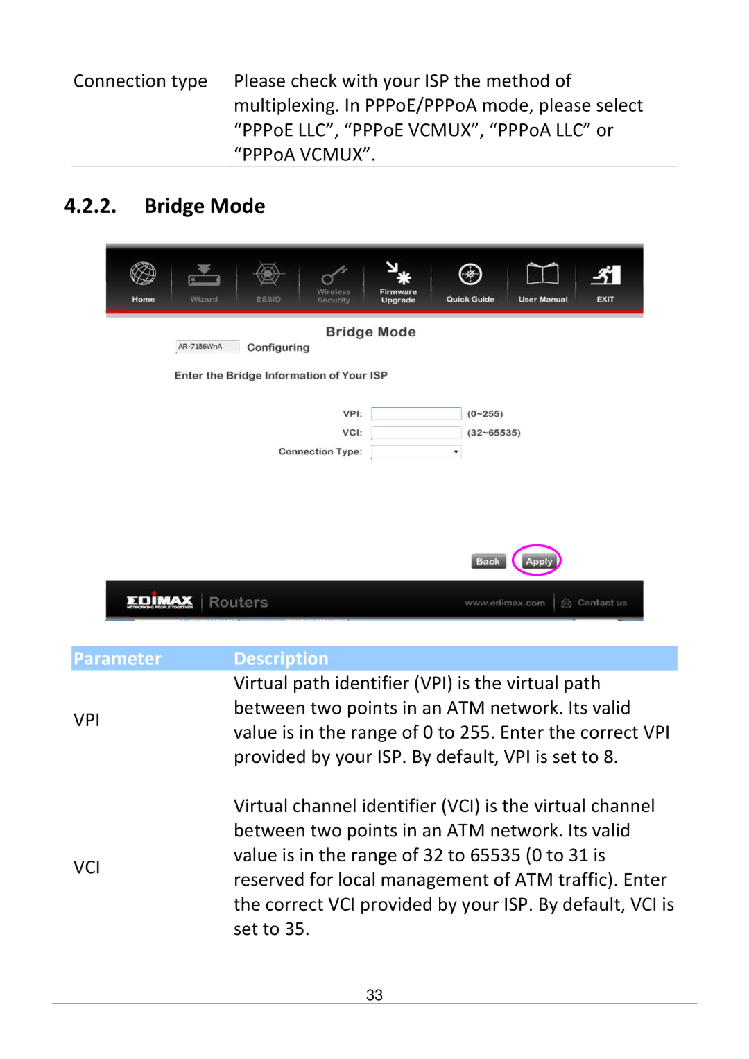 Edimax Technology AR-7186WNB manual Bridge Mode 