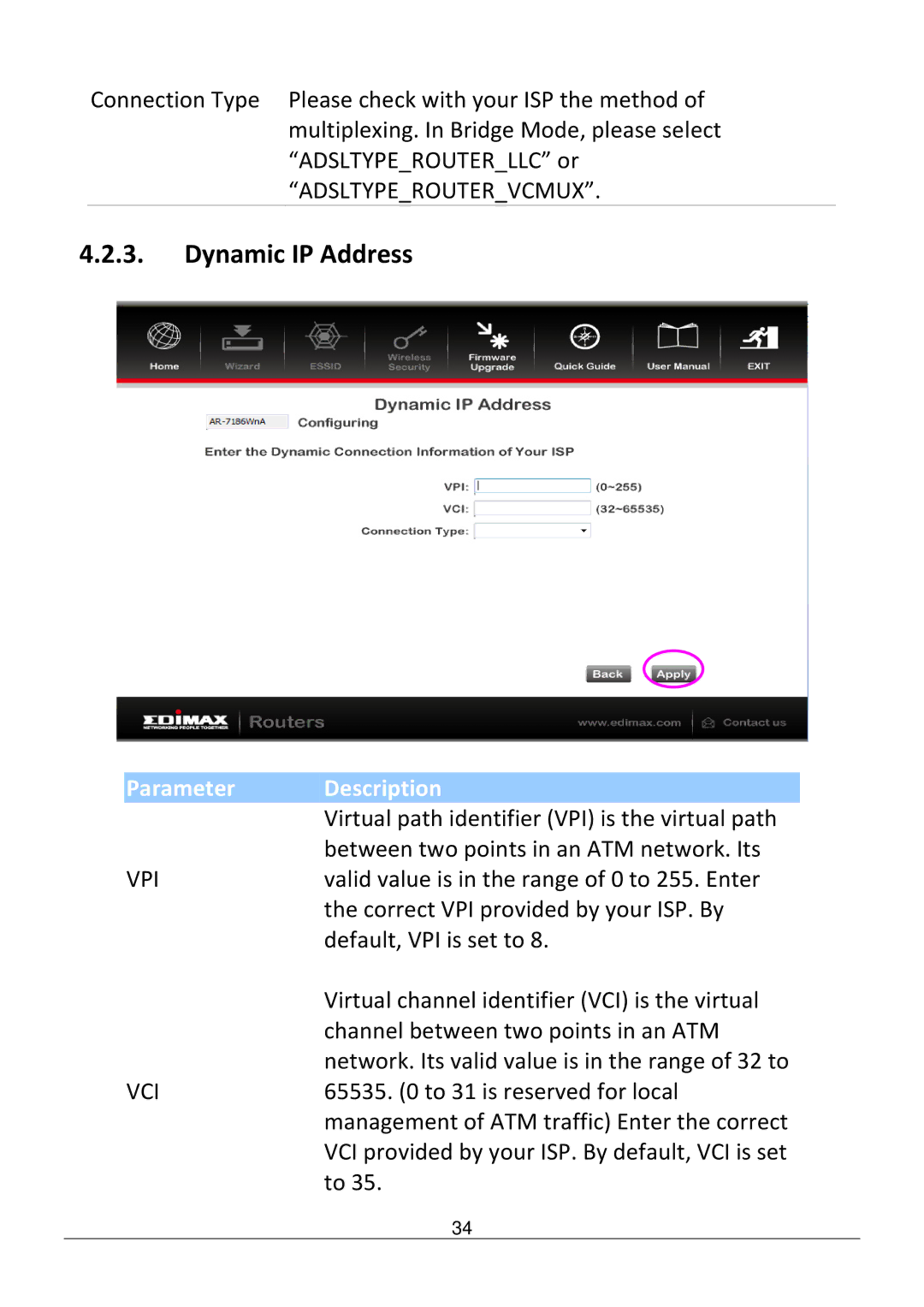 Edimax Technology AR-7186WNB manual Dynamic IP Address 