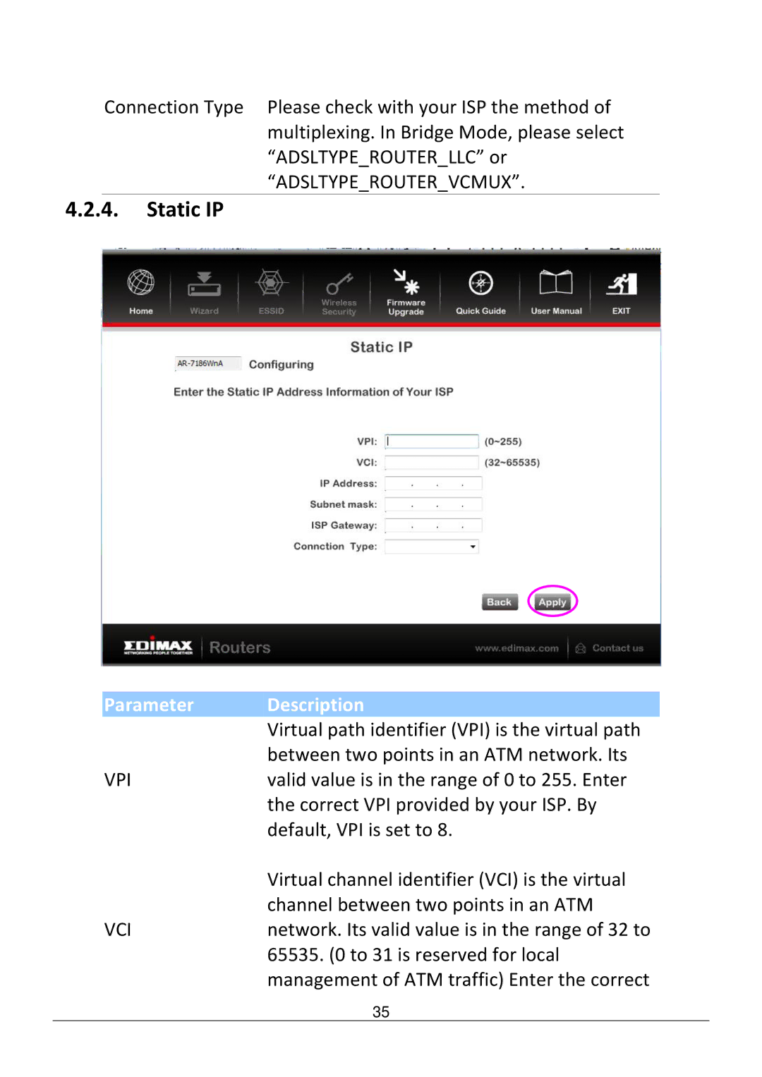 Edimax Technology AR-7186WNB manual Static IP 