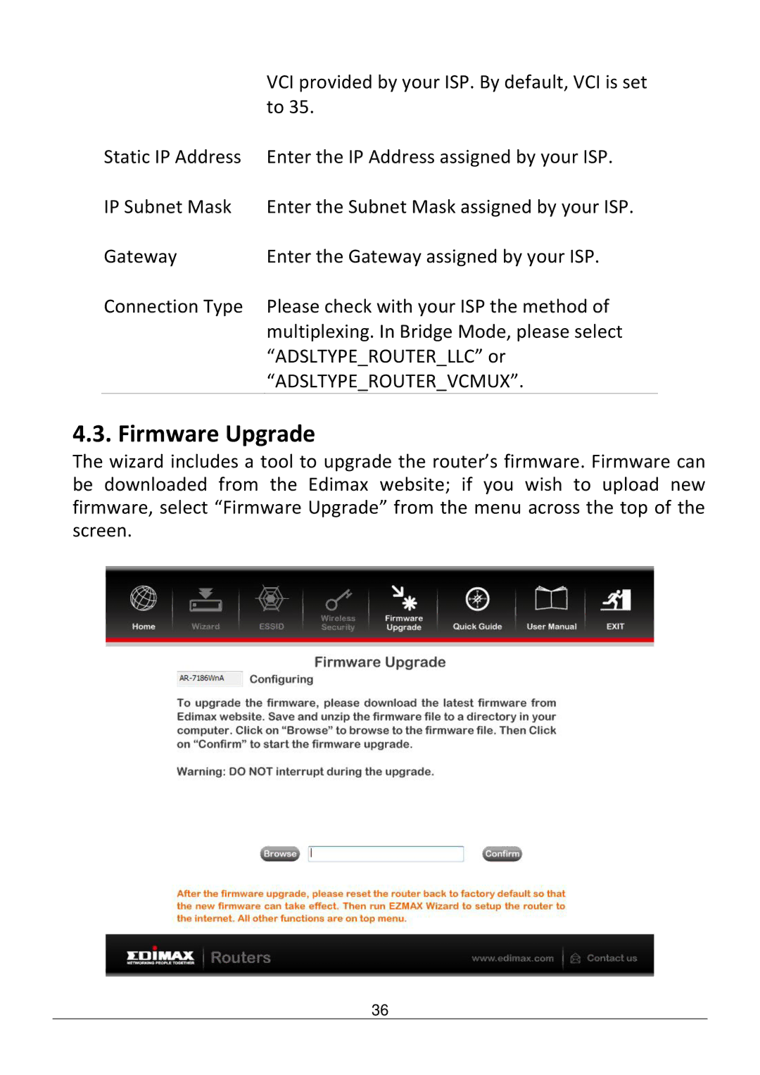 Edimax Technology AR-7186WNB manual Firmware Upgrade, Adsltyperoutervcmux 