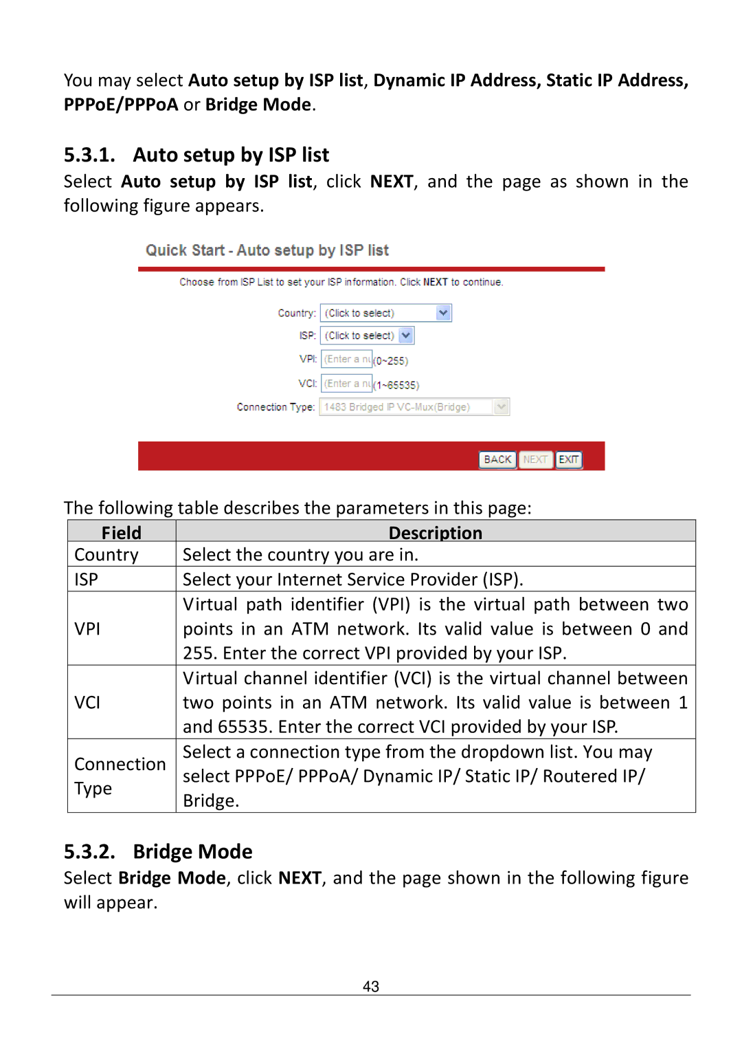 Edimax Technology AR-7186WNB manual Auto setup by ISP list, Field Description, Isp, Vpi 