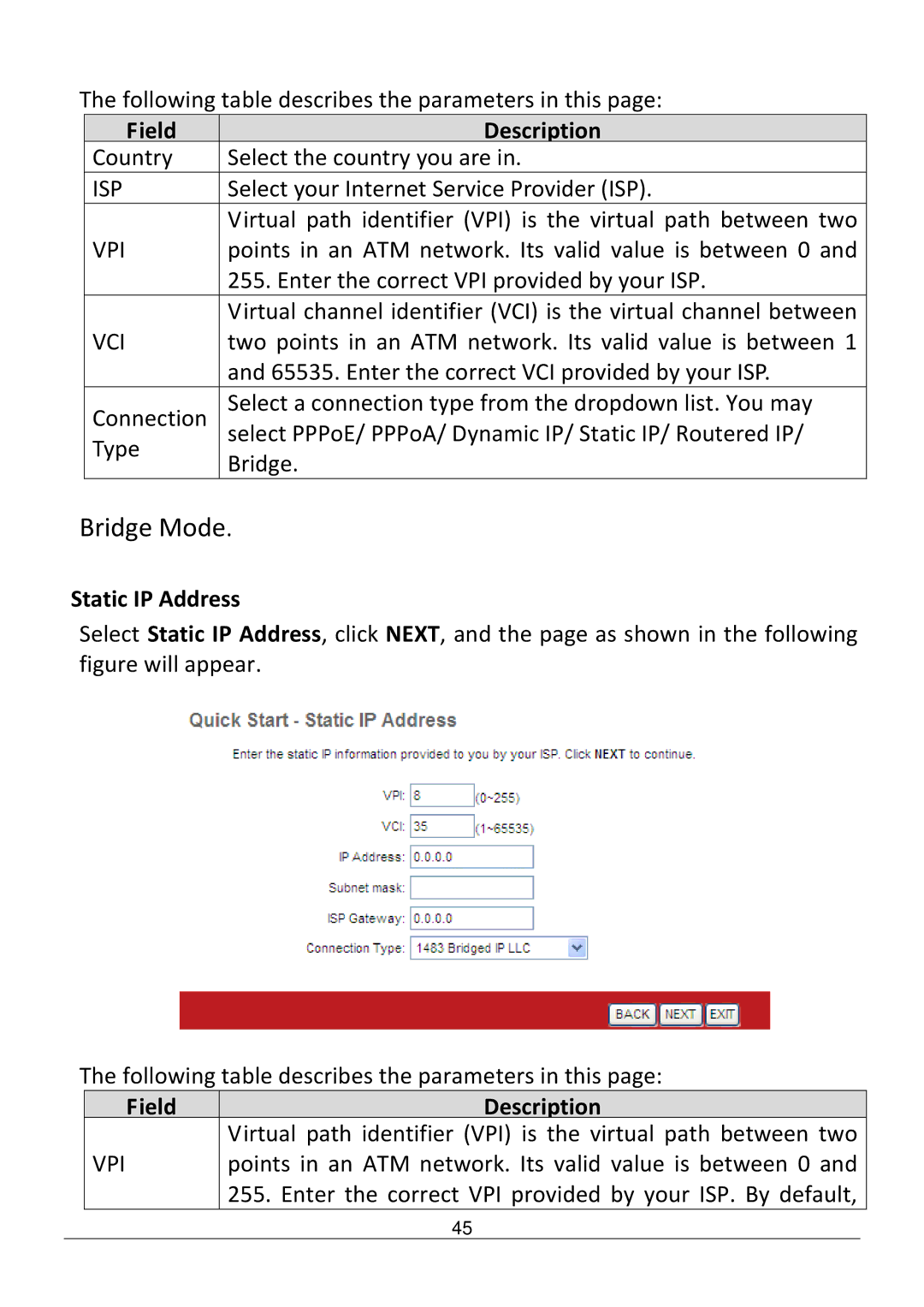 Edimax Technology AR-7186WNB manual Bridge Mode, Static IP Address 