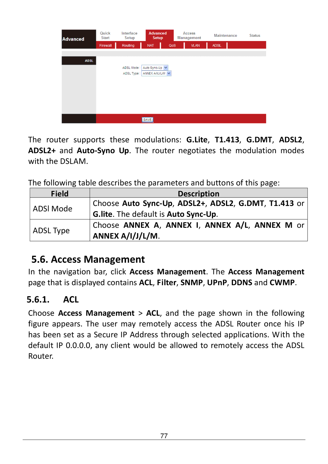 Edimax Technology AR-7186WNB manual Access Management, Acl, Choose Annex a , Annex I , Annex A/L , Annex M or 