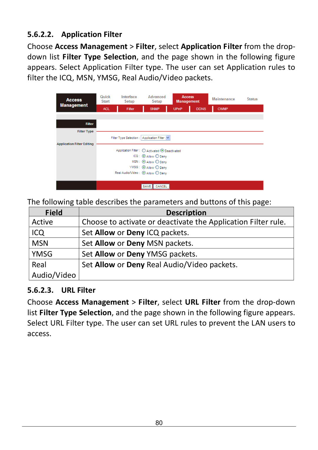 Edimax Technology AR-7186WNB manual Icq, Msn, Ymsg, URL Filter 