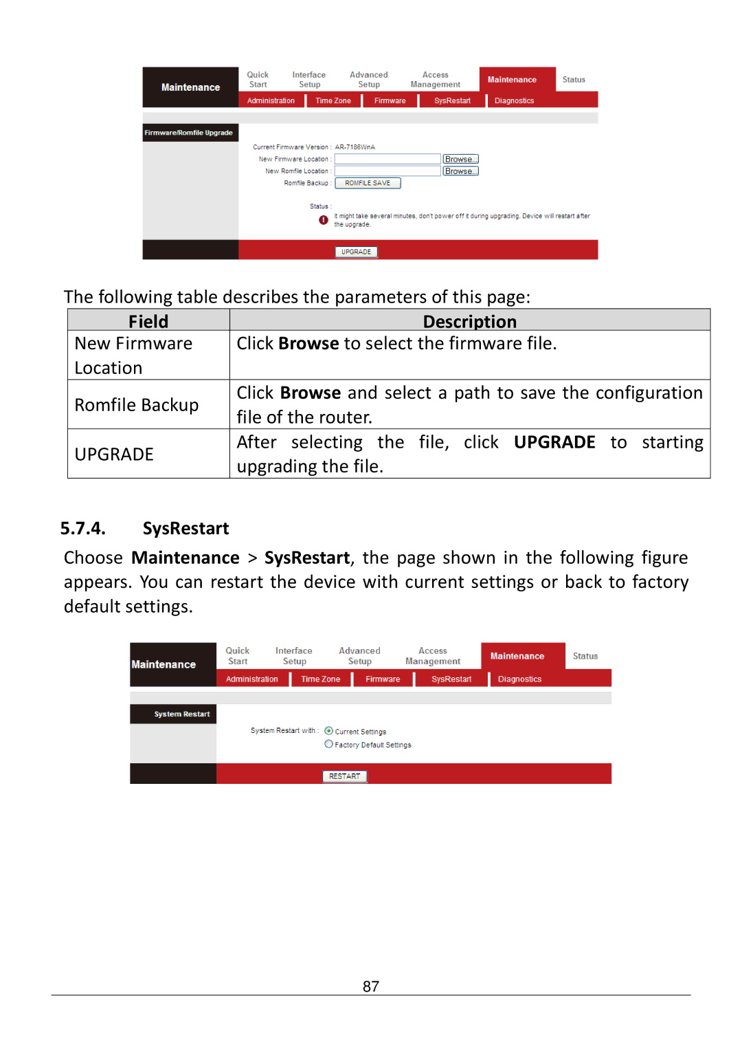 Edimax Technology AR-7186WNB manual Upgrade, SysRestart 
