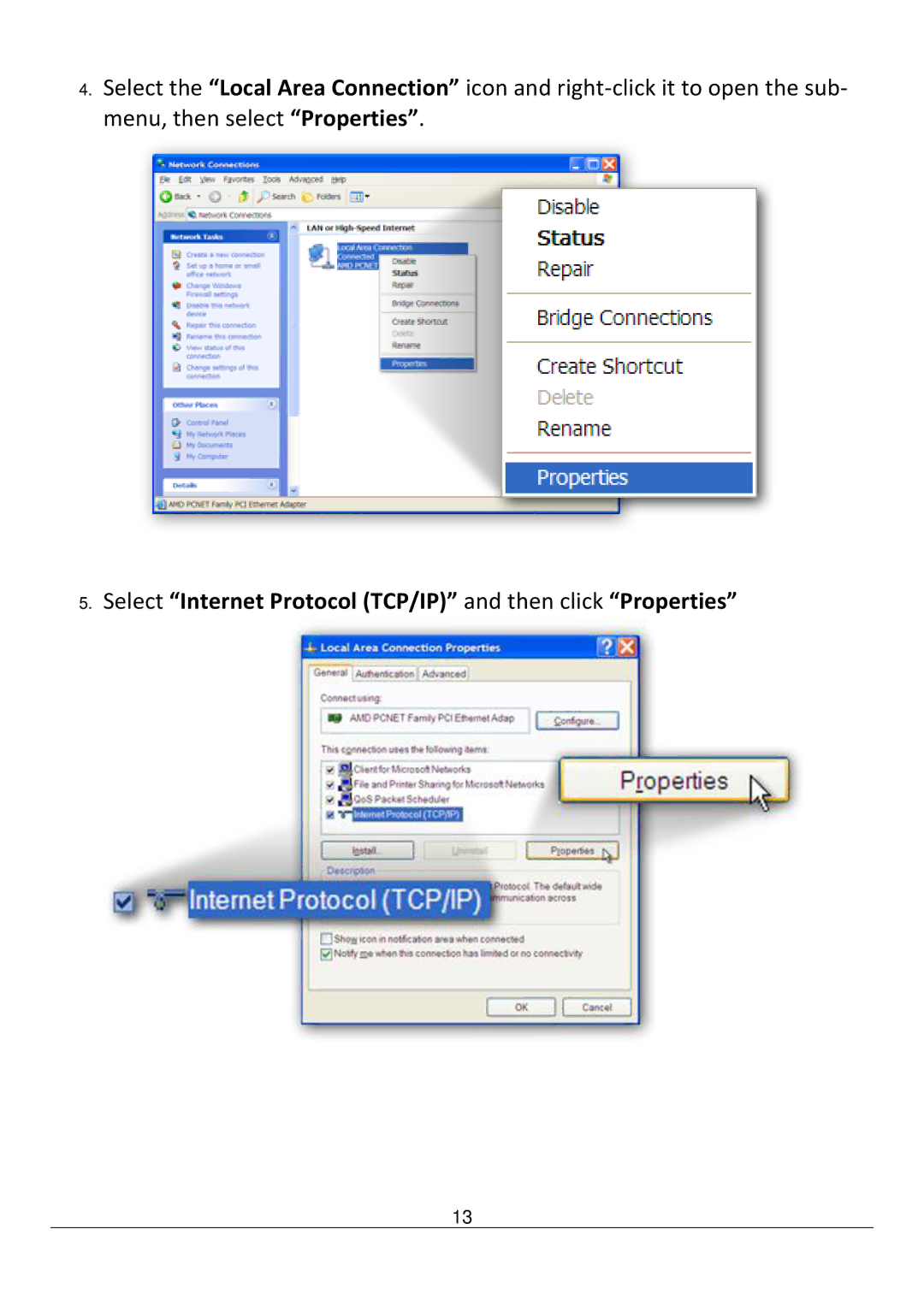 Edimax Technology AR-7211B V2 manual Select Internet Protocol TCP/IP and then click Properties 