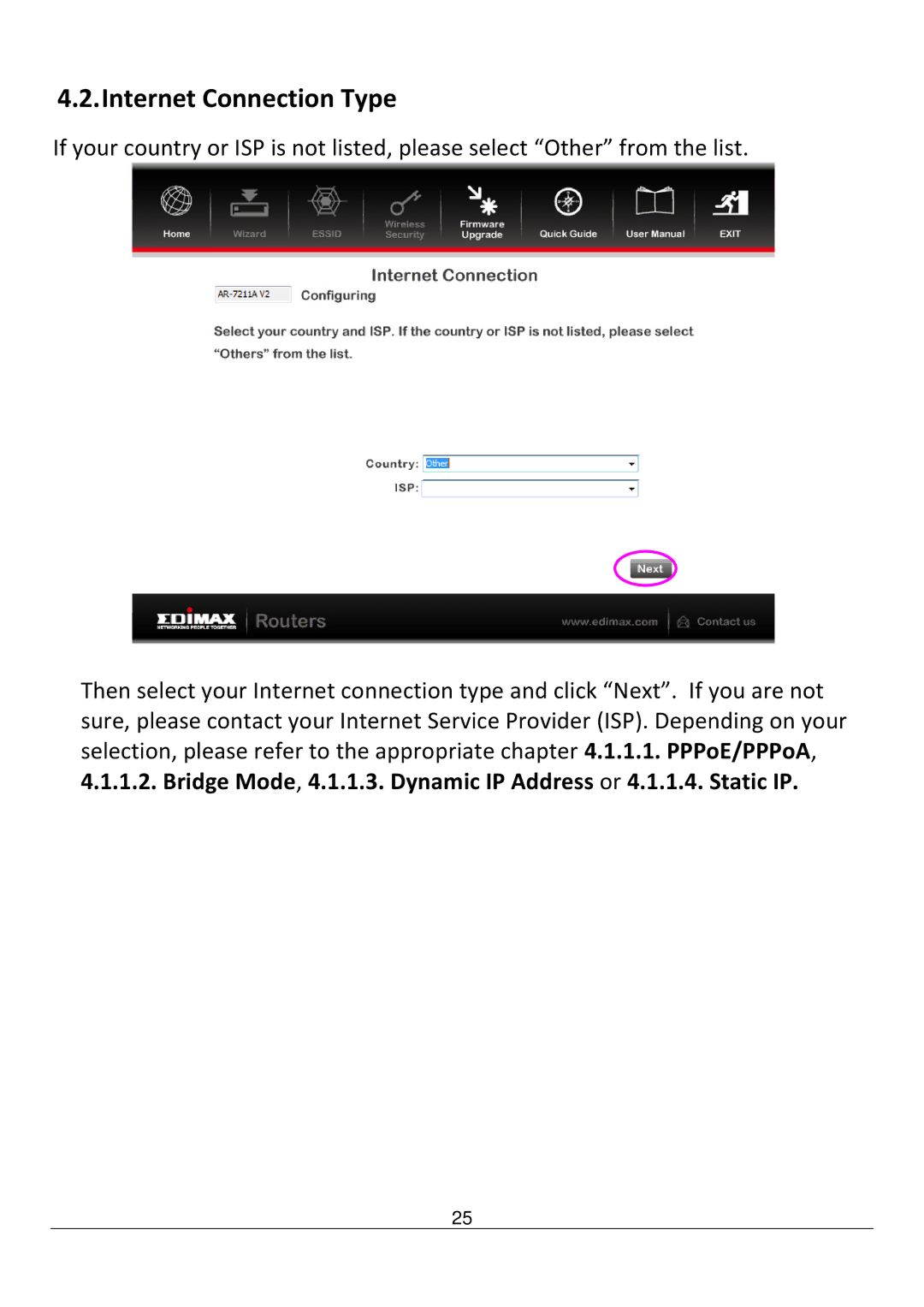 Edimax Technology AR-7211B V2 manual Internet Connection Type 