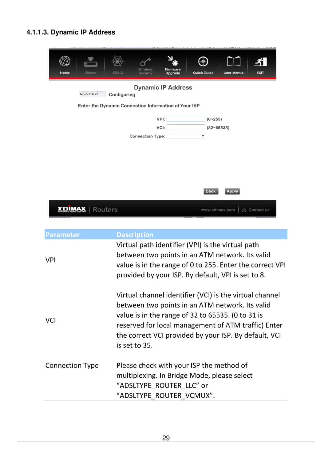 Edimax Technology AR-7211B V2 manual Dynamic IP Address 