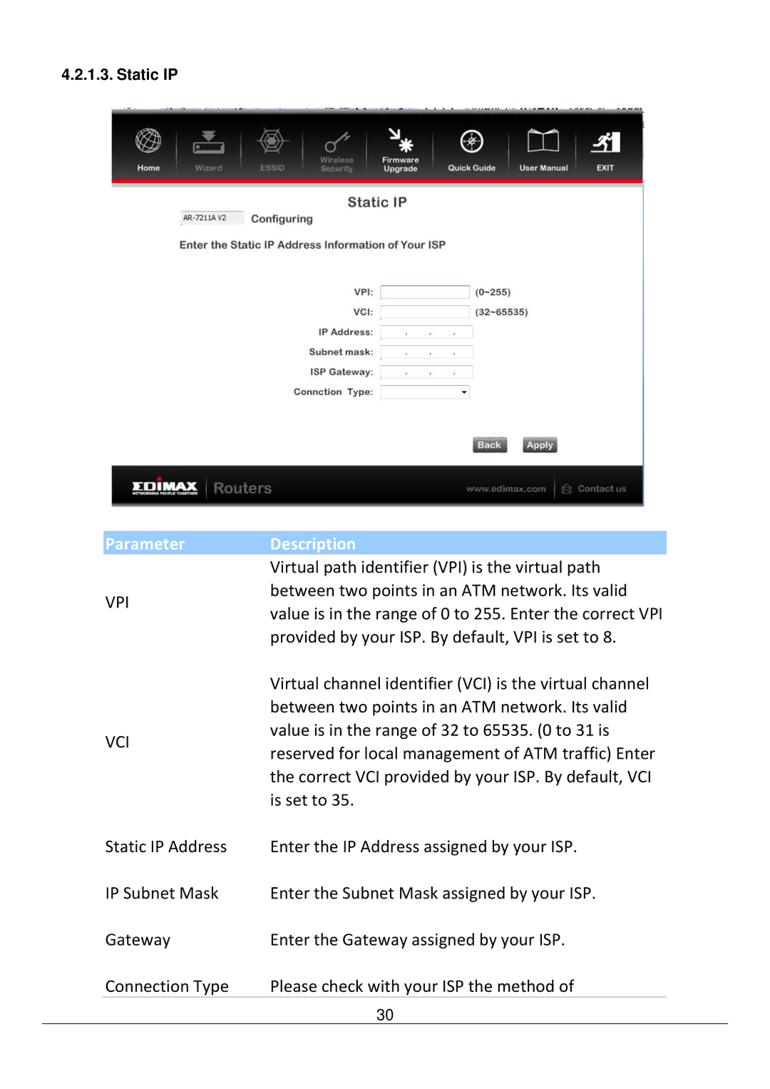 Edimax Technology AR-7211B V2 manual Static IP 