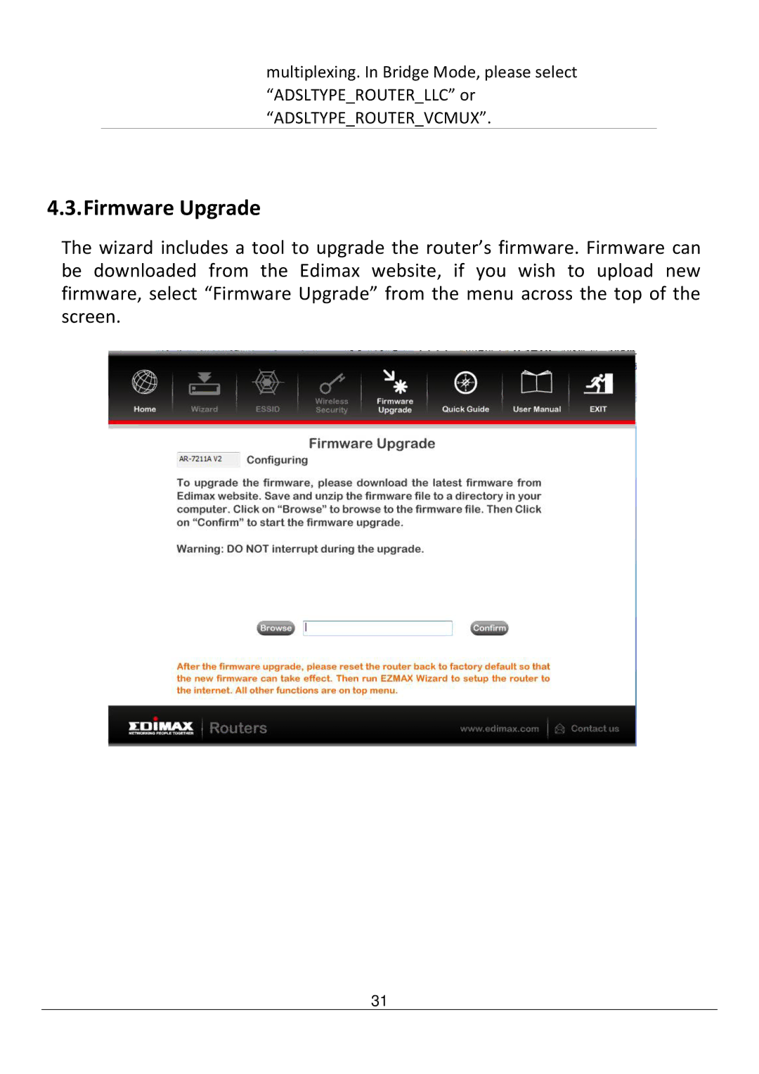 Edimax Technology AR-7211B V2 manual Firmware Upgrade 