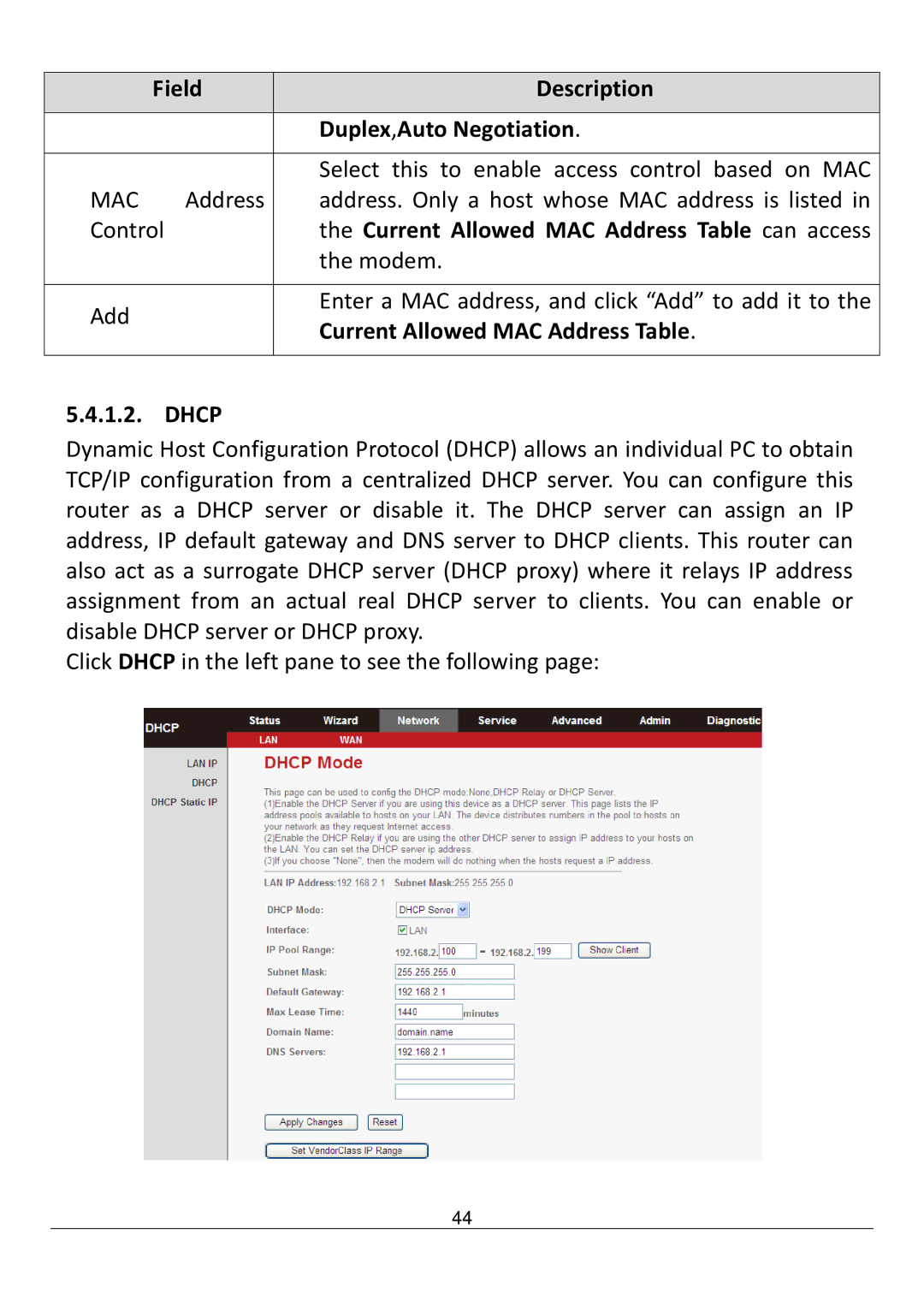 Edimax Technology AR-7211B V2 Field Description Duplex,Auto Negotiation, Mac, Current Allowed MAC Address Table can access 