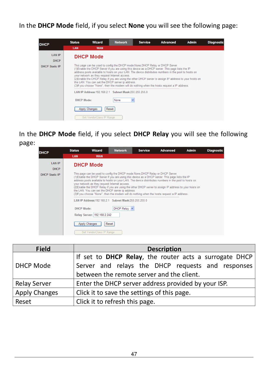 Edimax Technology AR-7211B V2 manual If set to Dhcp Relay, the router acts a surrogate Dhcp 