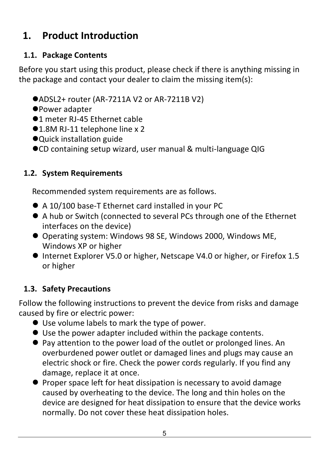 Edimax Technology AR-7211B V2 manual Package Contents, System Requirements, Safety Precautions 