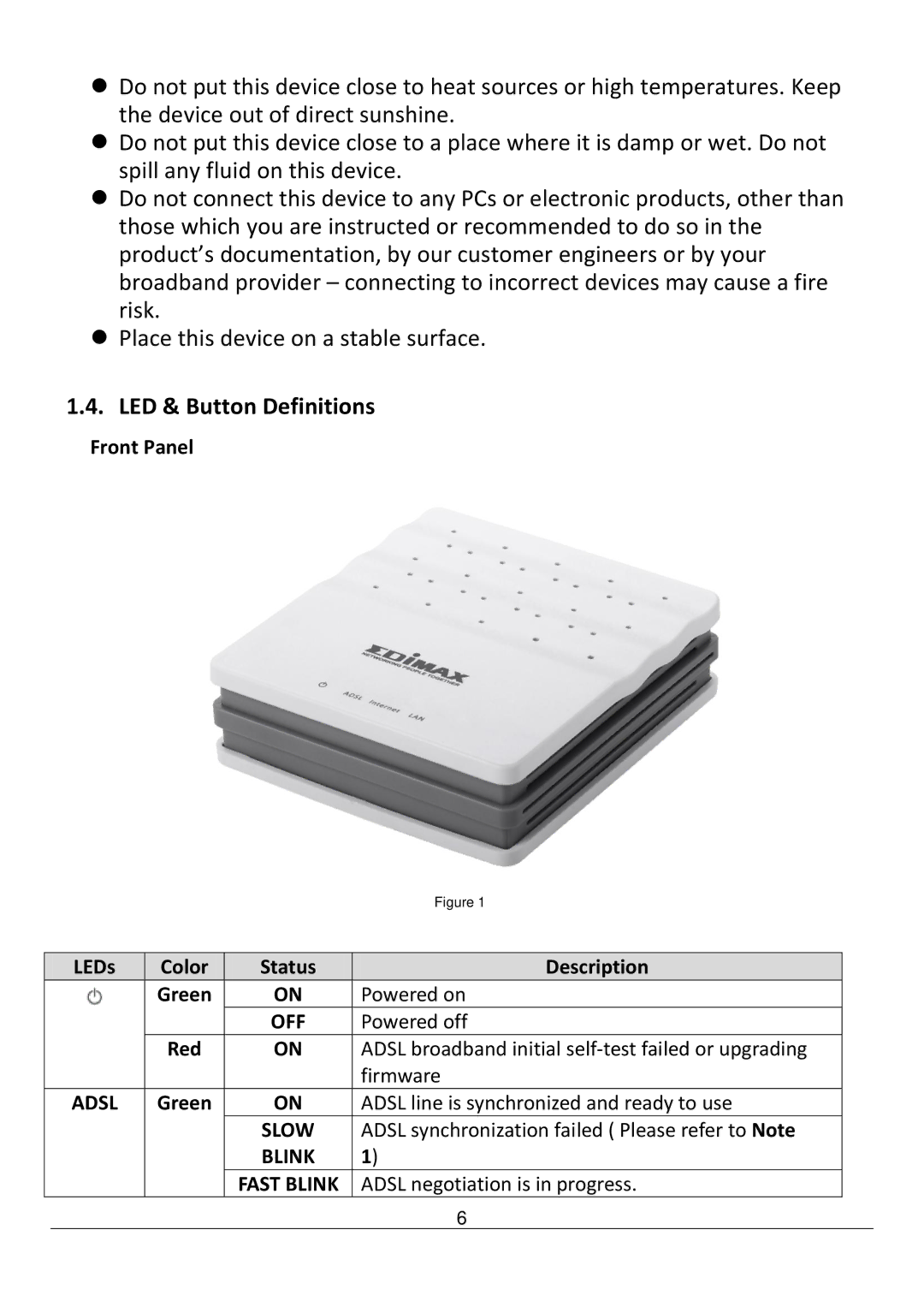 Edimax Technology AR-7211B V2 manual LED & Button Definitions, Adsl 