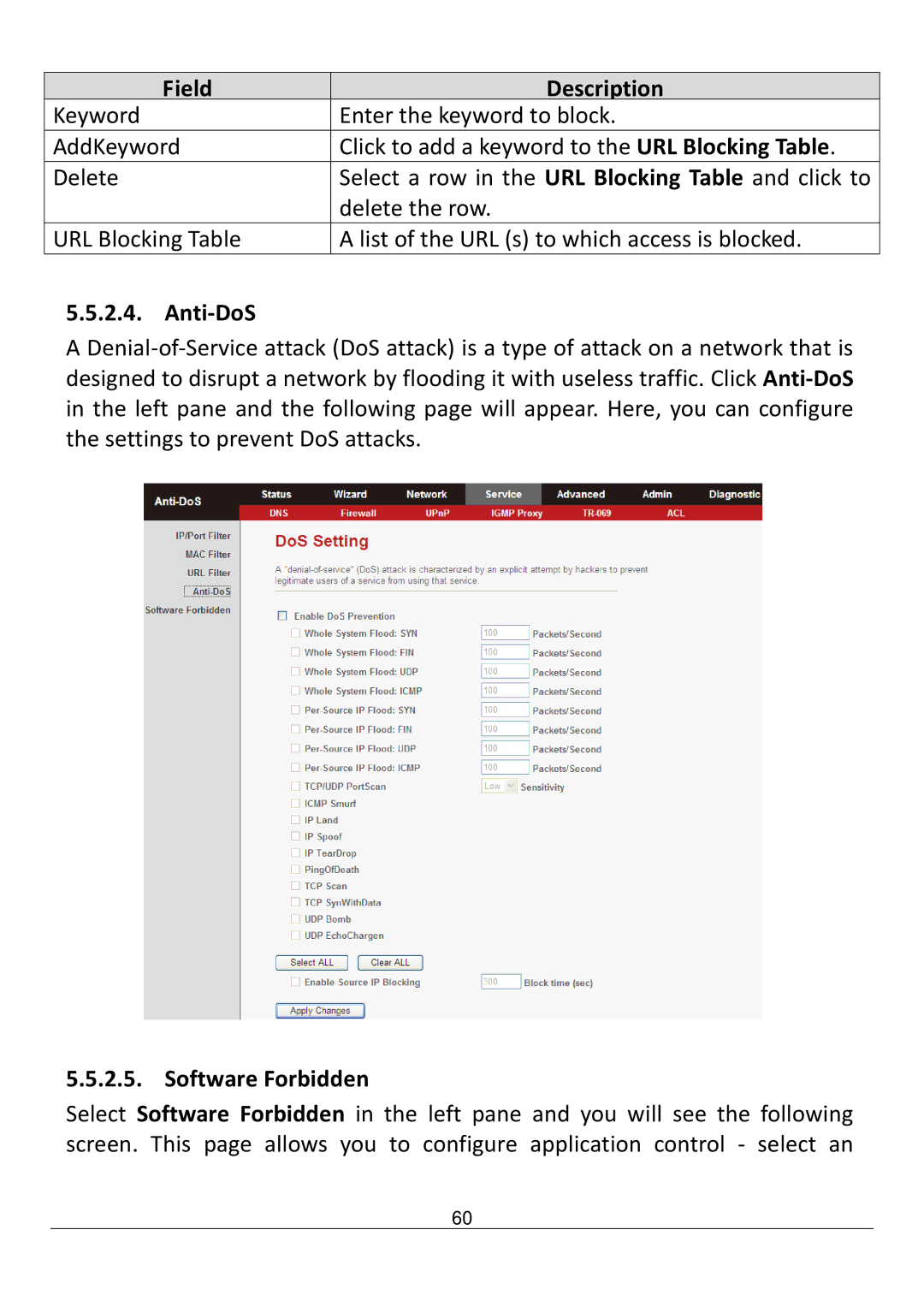 Edimax Technology AR-7211B V2 manual Anti-DoS, Software Forbidden 