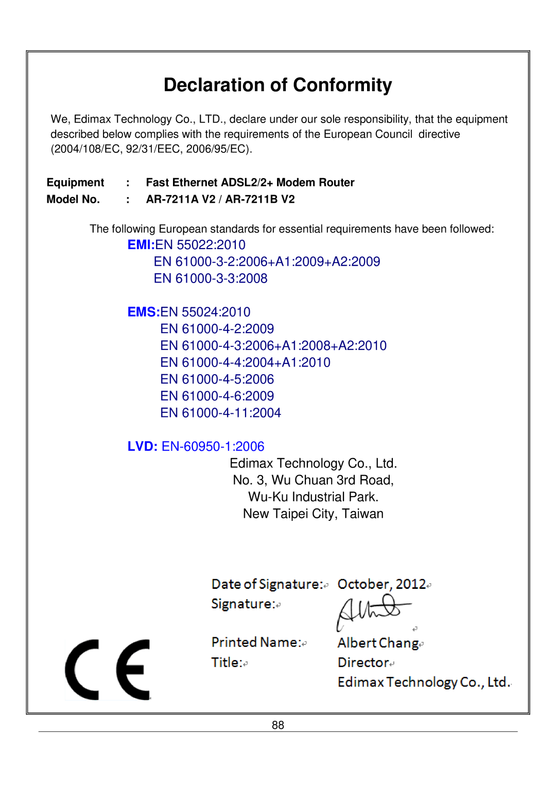 Edimax Technology AR-7211B V2 manual Declaration of Conformity 