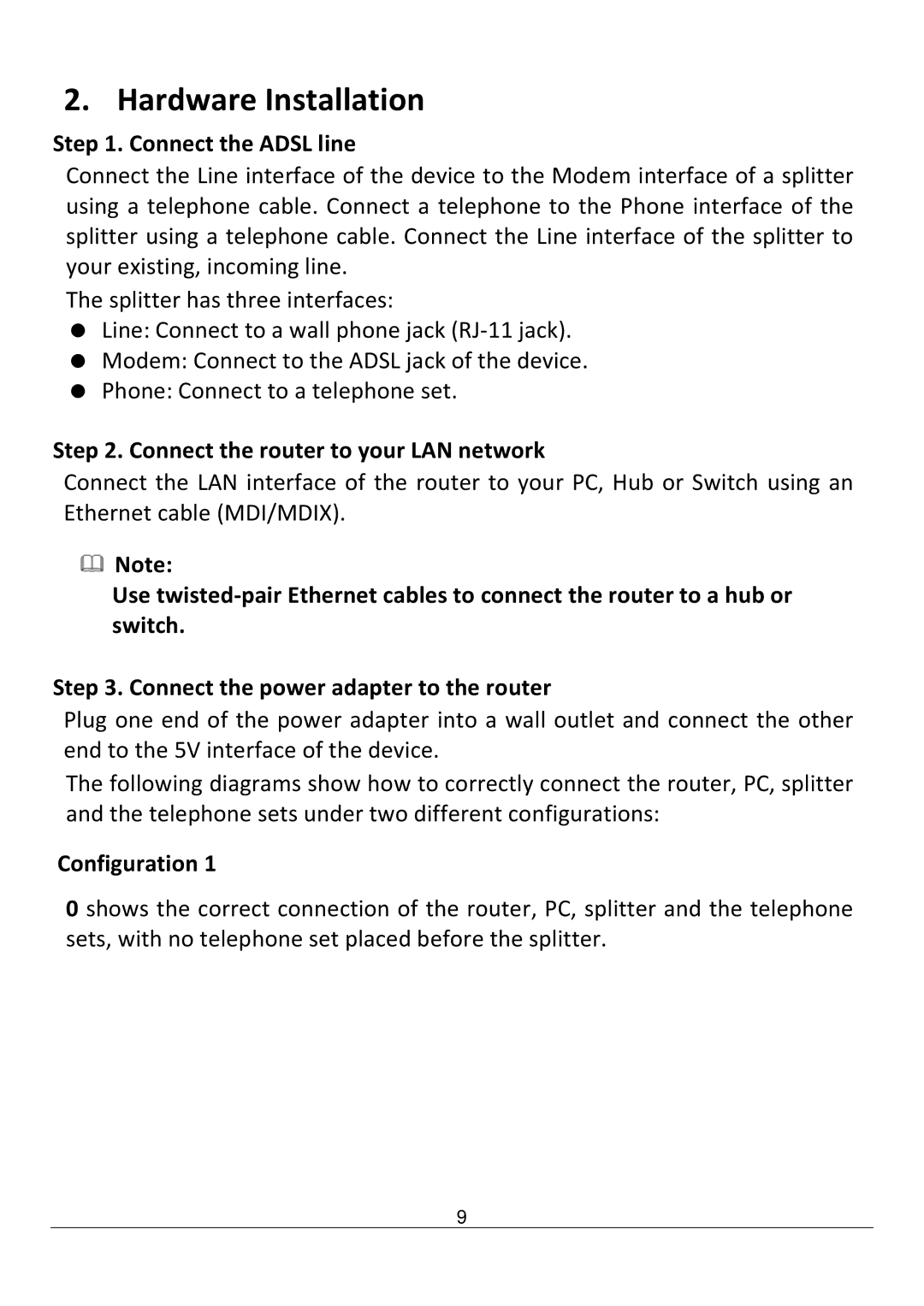 Edimax Technology AR-7211B V2 manual Connect the Adsl line, Connect the router to your LAN network, Configuration 