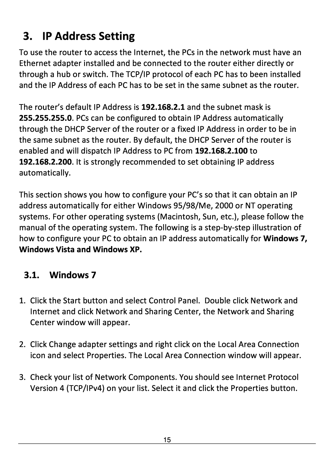 Edimax Technology AR-7211B V2 manual IP Address Setting, Windows Vista and Windows XP 