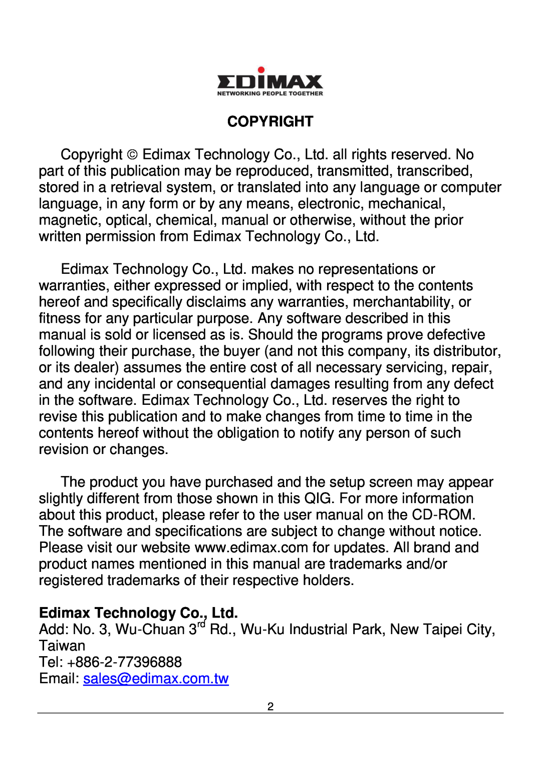 Edimax Technology AR-7211B V2 manual Copyright, Add No. 3, Wu-Chuan 3rd Rd., Wu-Ku Industrial Park, New Taipei City 