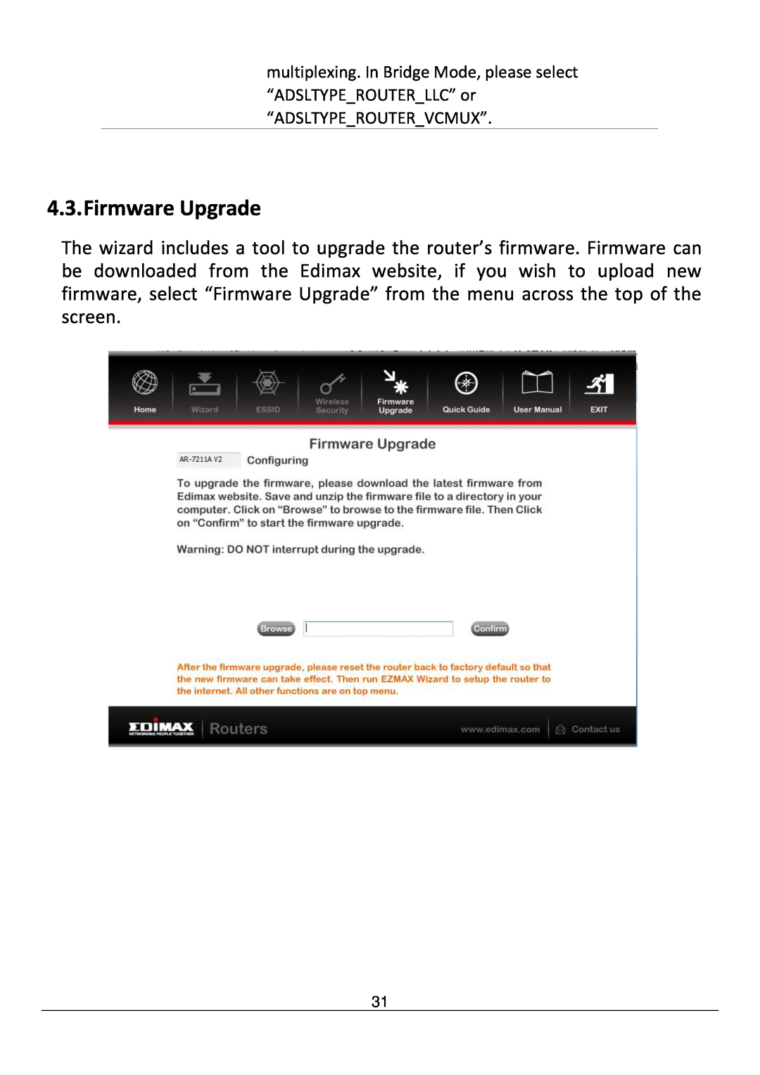 Edimax Technology AR-7211B V2 manual Firmware Upgrade 