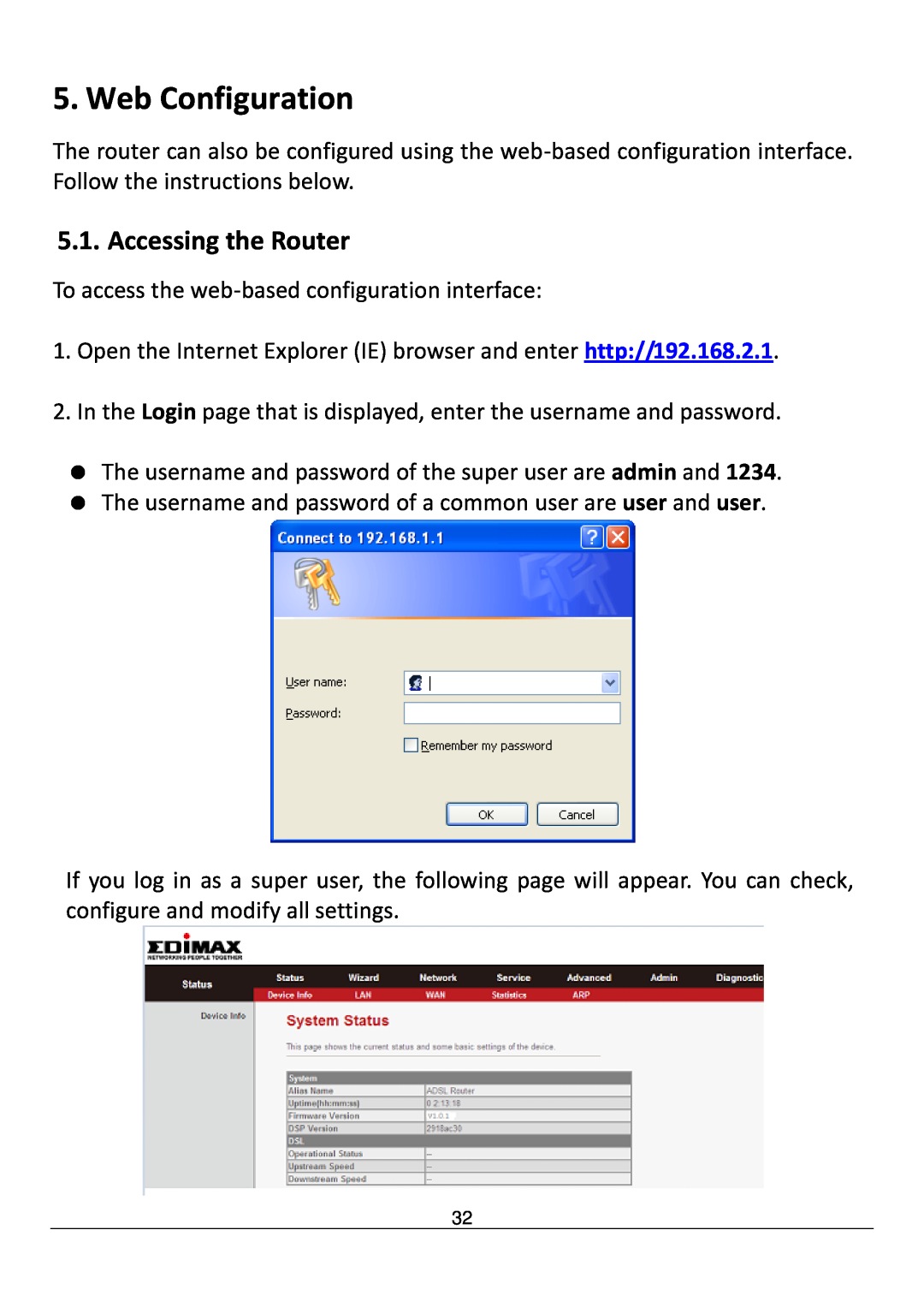 Edimax Technology AR-7211B V2 manual Web Configuration, Accessing the Router 