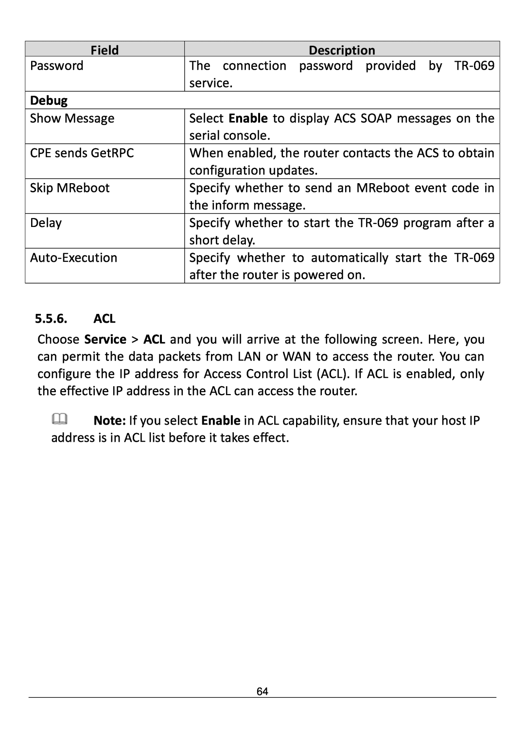 Edimax Technology AR-7211B V2 manual Debug, Acl, Field, Description 