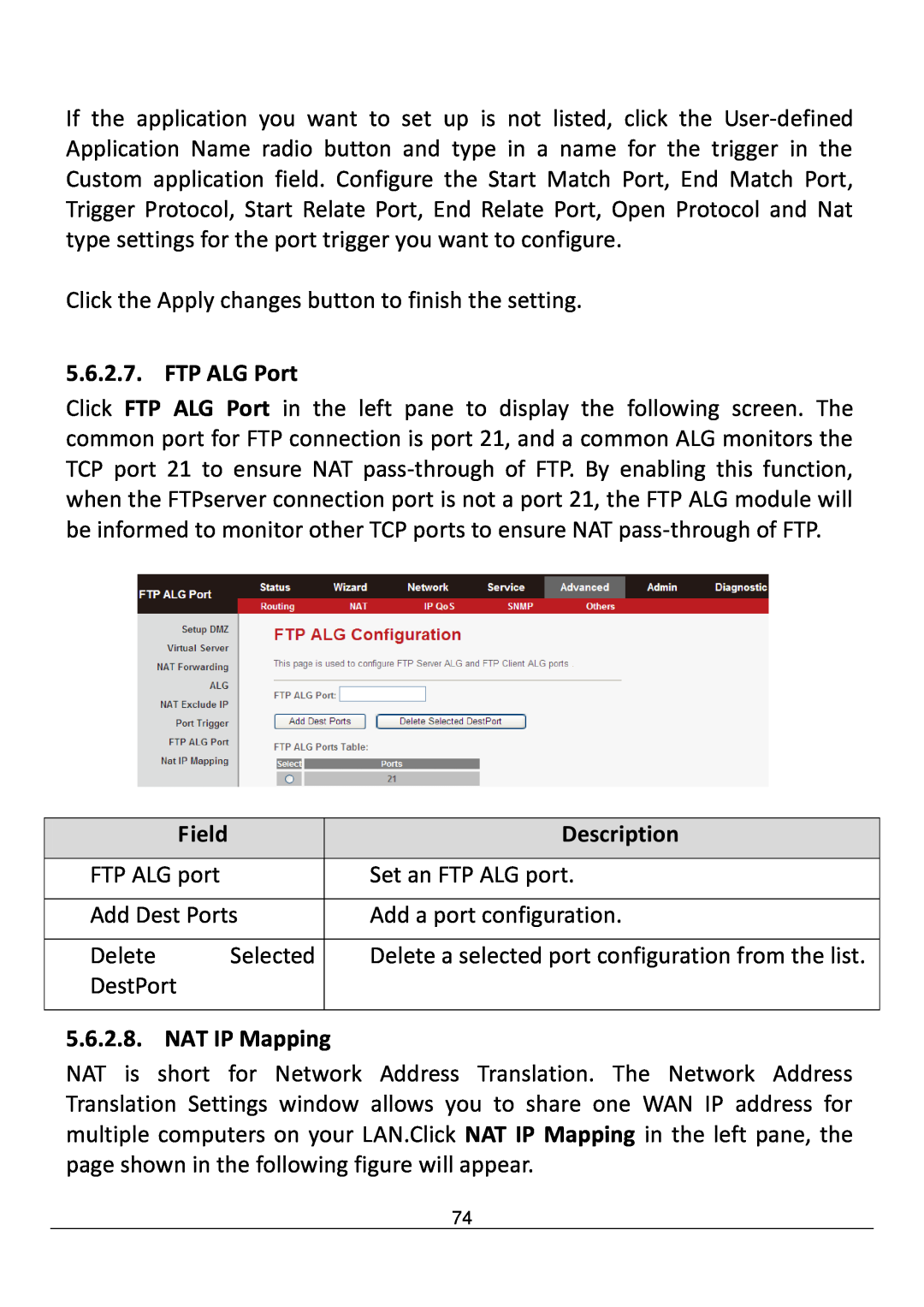 Edimax Technology AR-7211B V2 manual FTP ALG Port, 5.6.2.8, NAT IP Mapping, Field, Description 