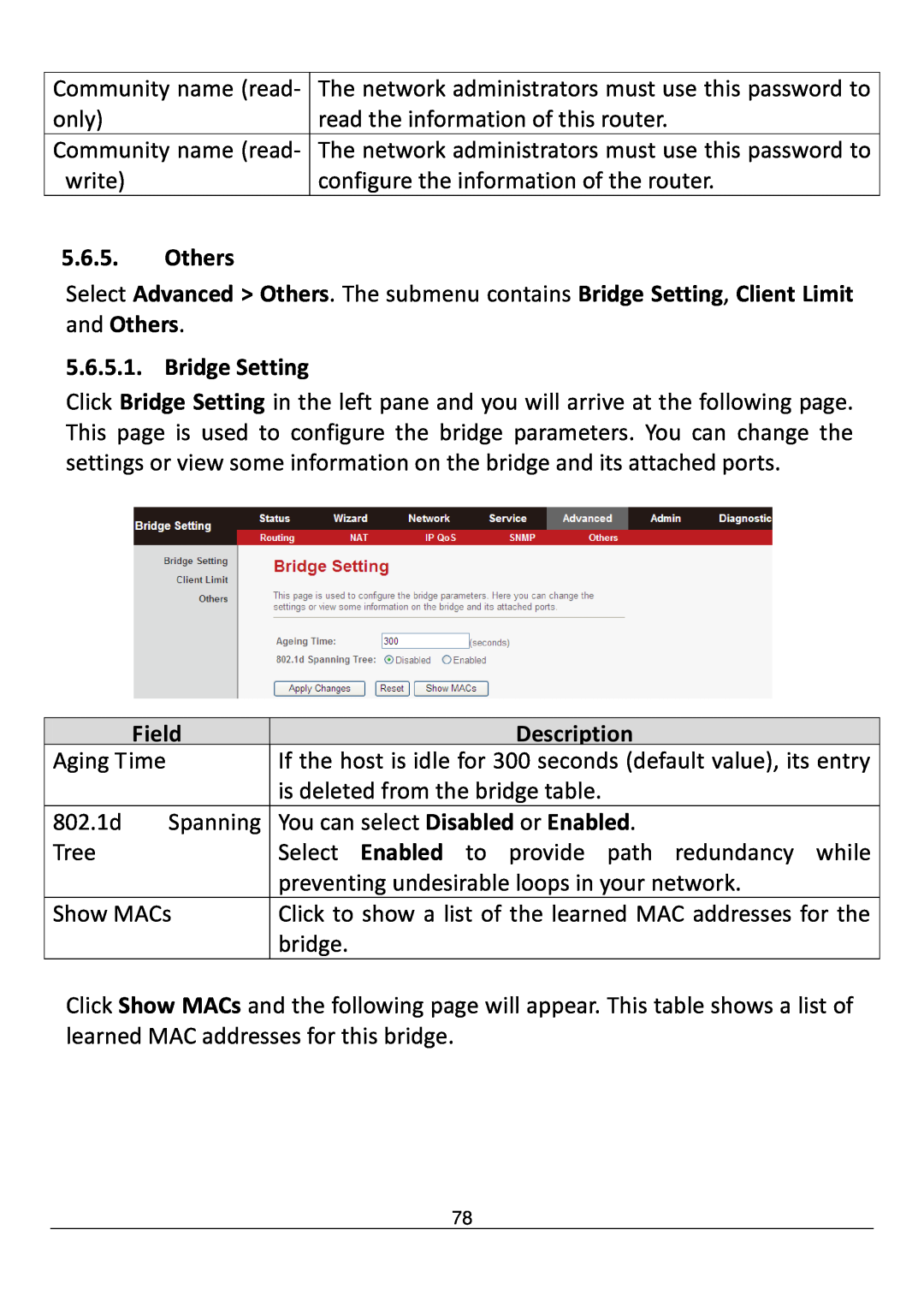 Edimax Technology AR-7211B V2 manual Others, Bridge Setting, Field, Description 