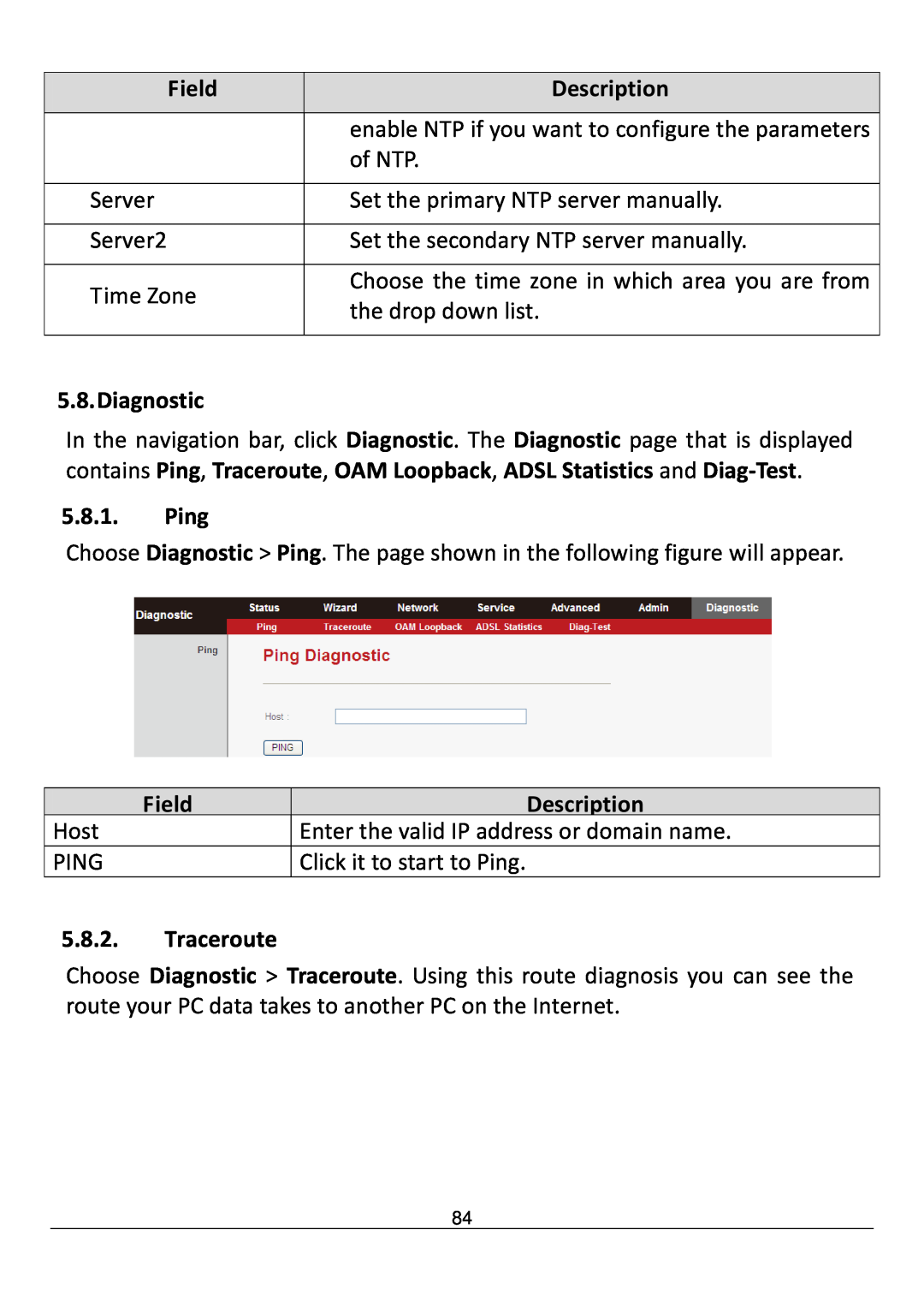 Edimax Technology AR-7211B V2 manual Diagnostic, Ping, Traceroute, Field, Description 