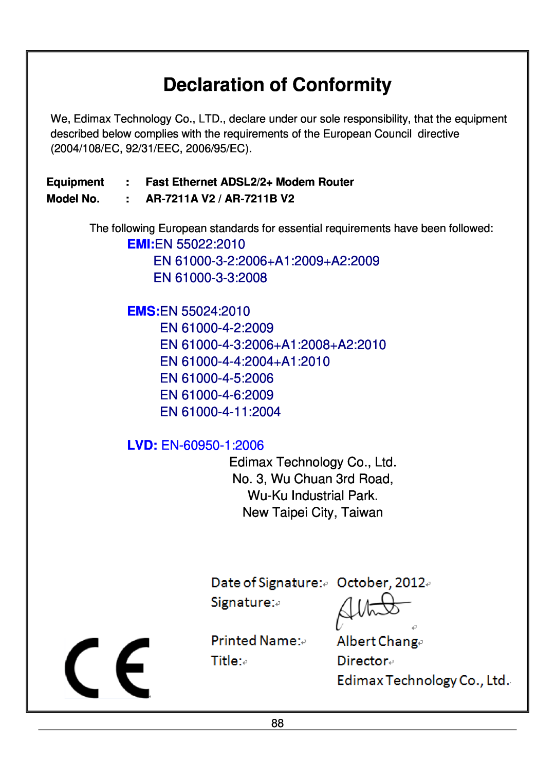 Edimax Technology AR-7211B V2 manual Declaration of Conformity, EMIEN EN 61000-3-22006+A12009+A22009 EN EMSEN EN, Equipment 