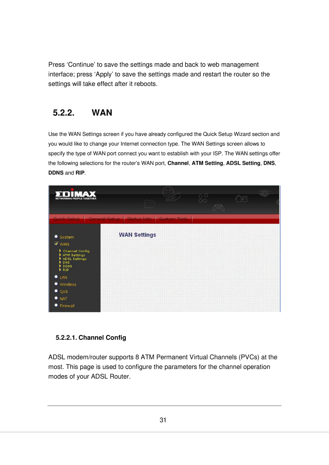 Edimax Technology AR-7266WNA, AR-7266WNB manual Wan, Channel Config 