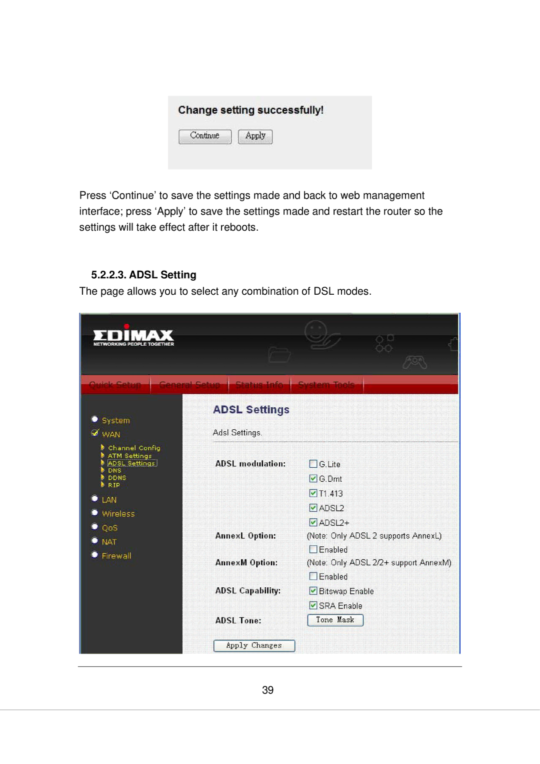 Edimax Technology AR-7266WNA, AR-7266WNB manual Adsl Setting 