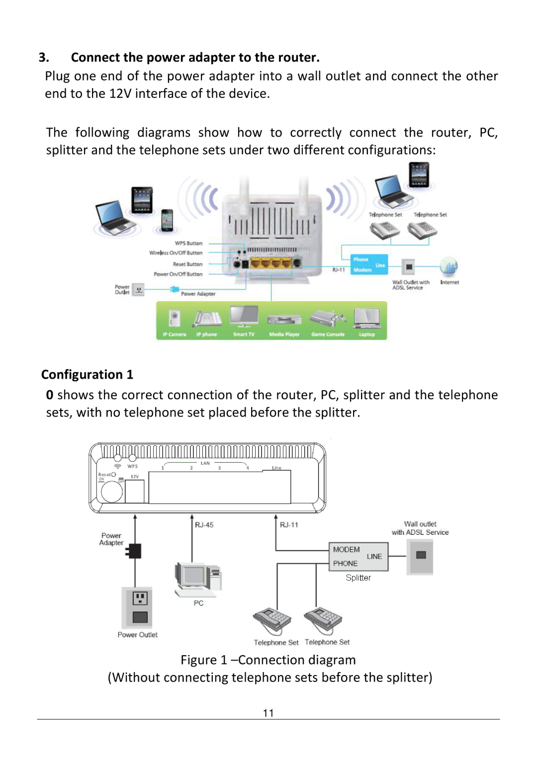 Edimax Technology AR-7286WNB user manual Connect the power adapter to the router, Configuration 