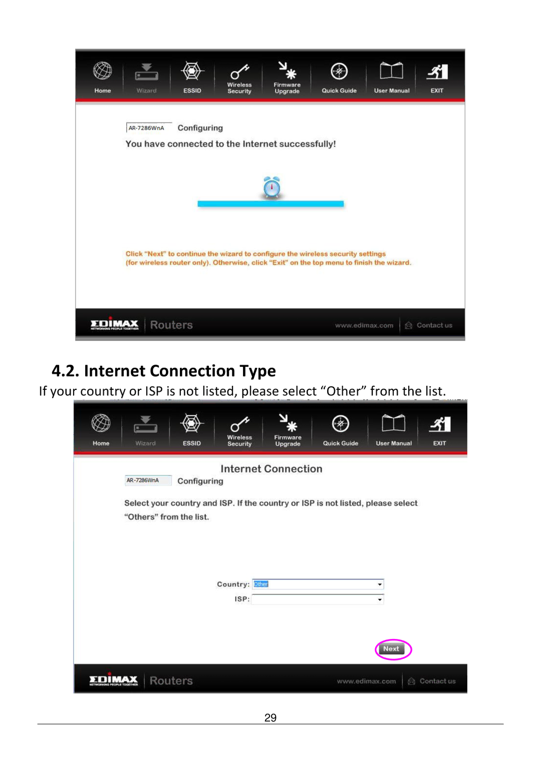 Edimax Technology AR-7286WNB user manual Internet Connection Type 