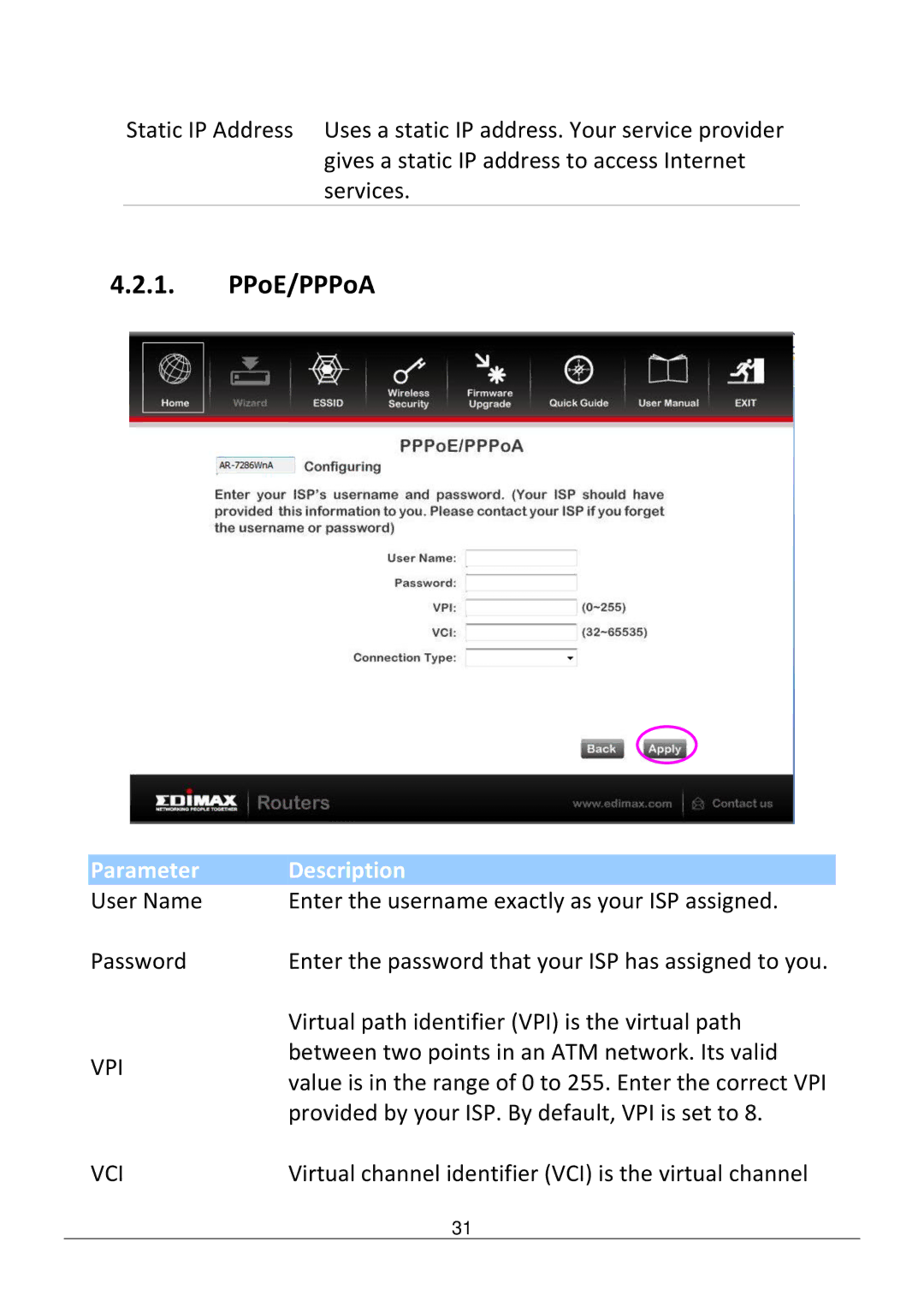 Edimax Technology AR-7286WNB user manual PPoE/PPPoA, Vpi, Vci 