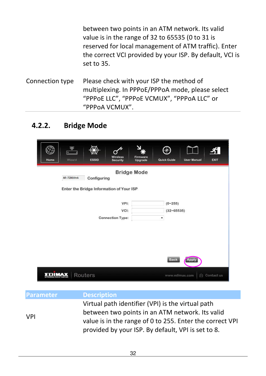 Edimax Technology AR-7286WNB user manual Bridge Mode 