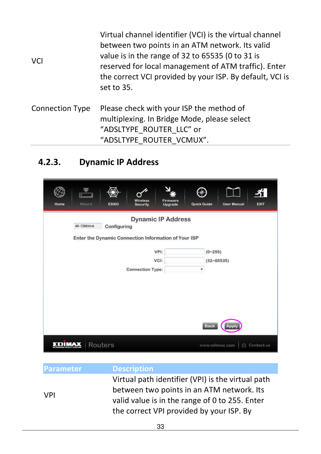 Edimax Technology AR-7286WNB user manual Dynamic IP Address 