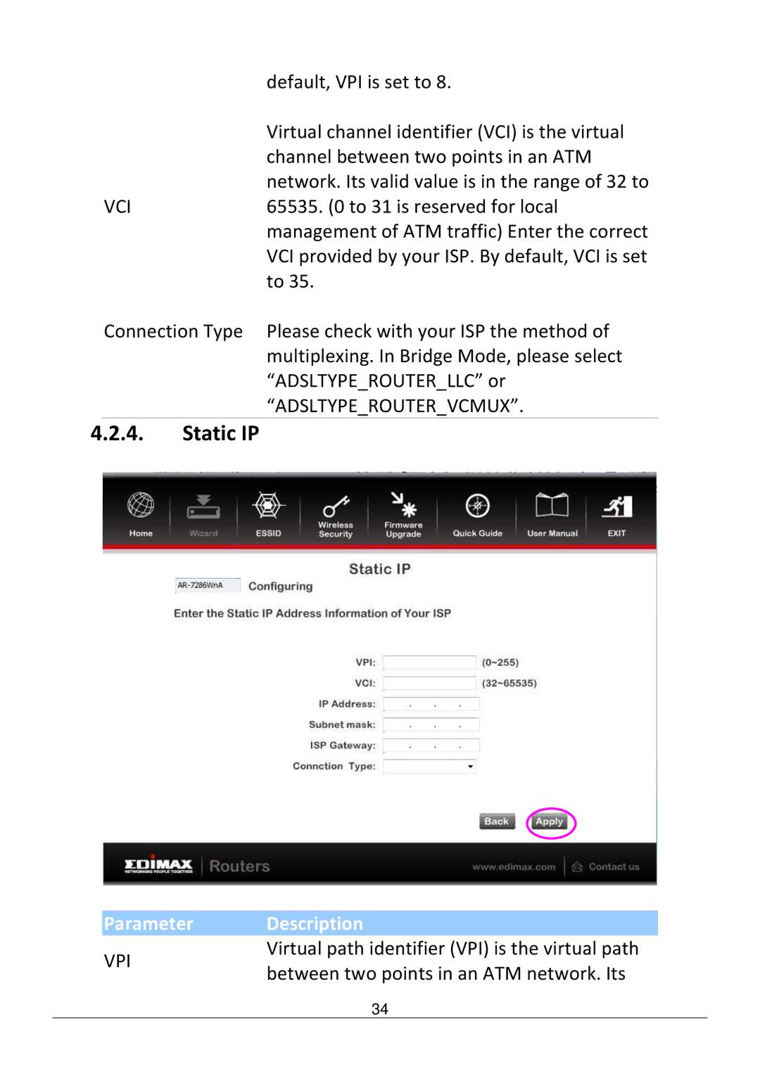 Edimax Technology AR-7286WNB user manual Static IP 