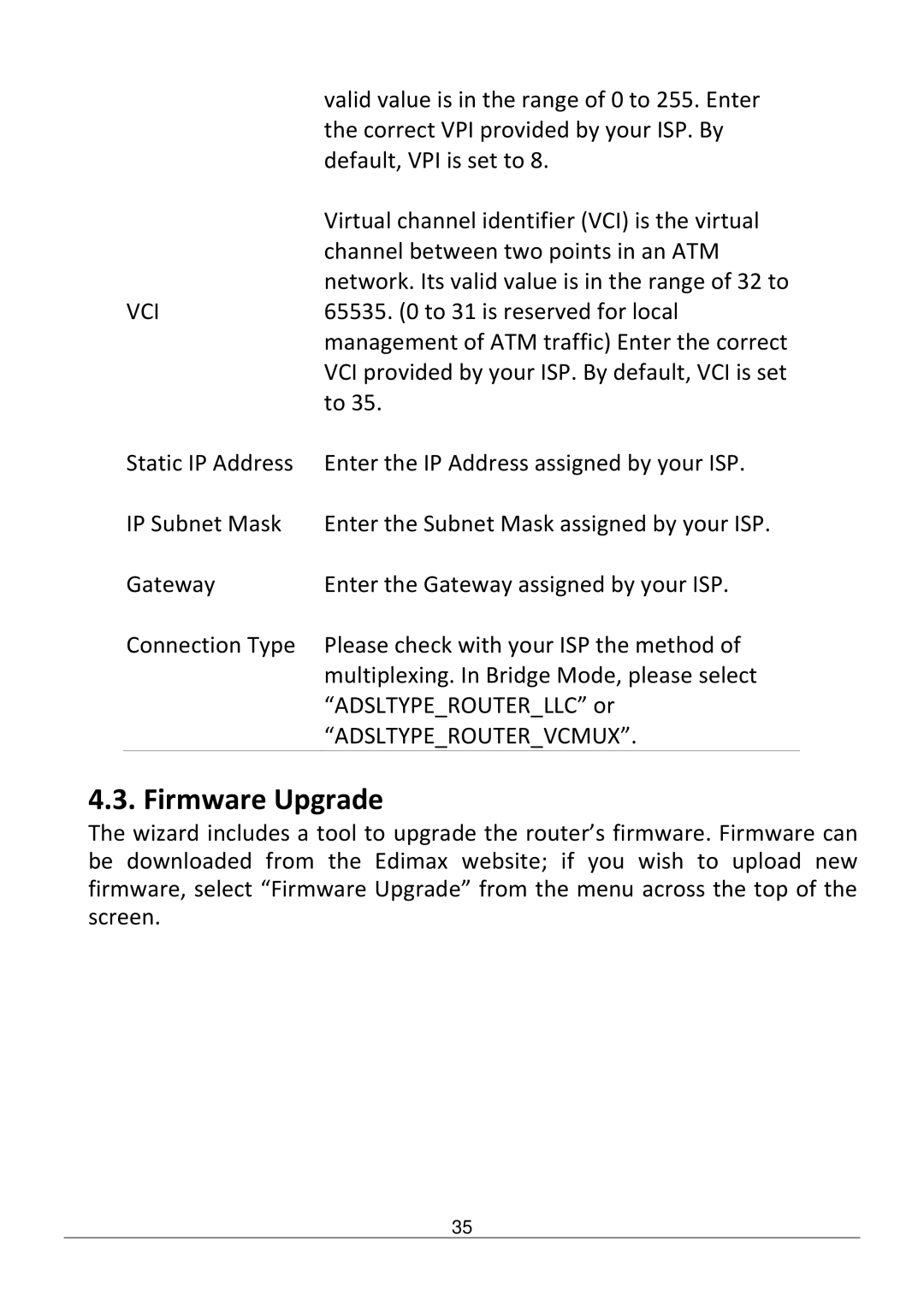 Edimax Technology AR-7286WNB user manual Firmware Upgrade, Adsltyperoutervcmux 