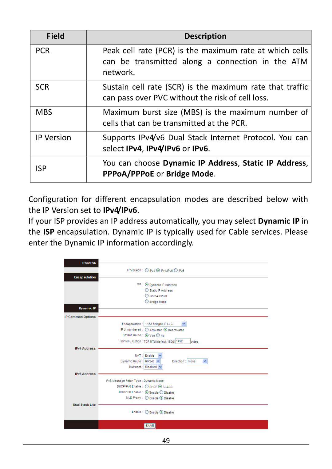 Edimax Technology AR-7286WNB user manual Pcr, Scr, Mbs, Select IPv4 , IPv4/IPv6 or IPv6 