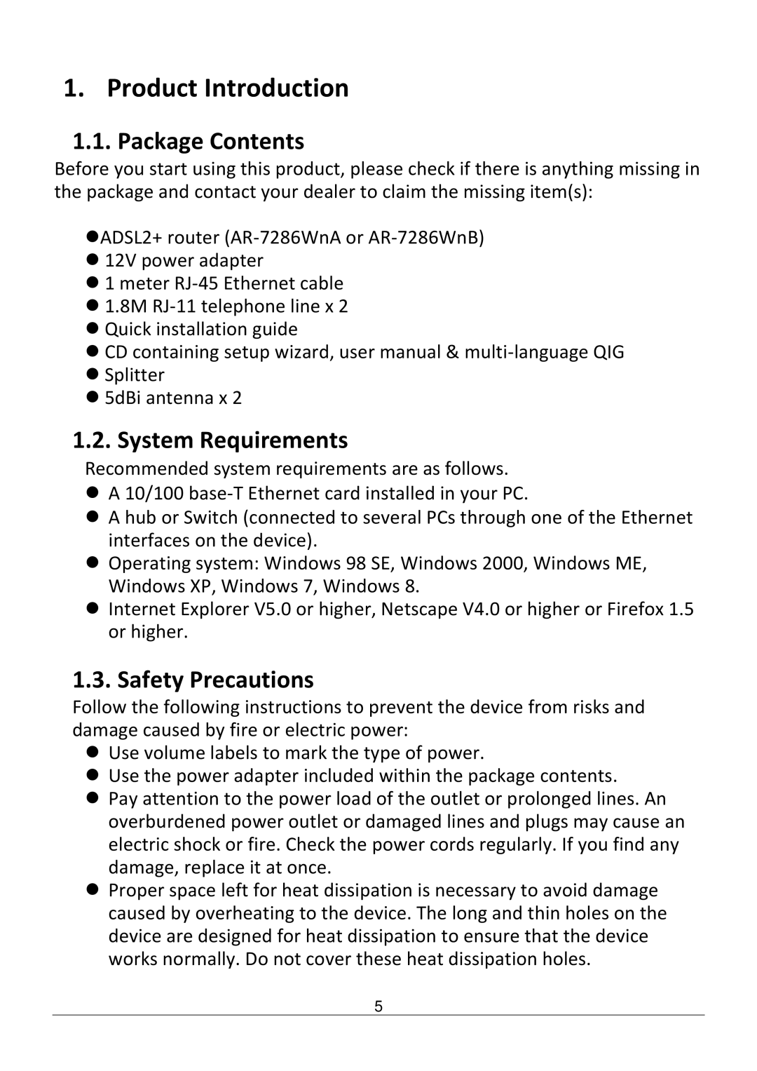 Edimax Technology AR-7286WNB user manual Package Contents, System Requirements, Safety Precautions 