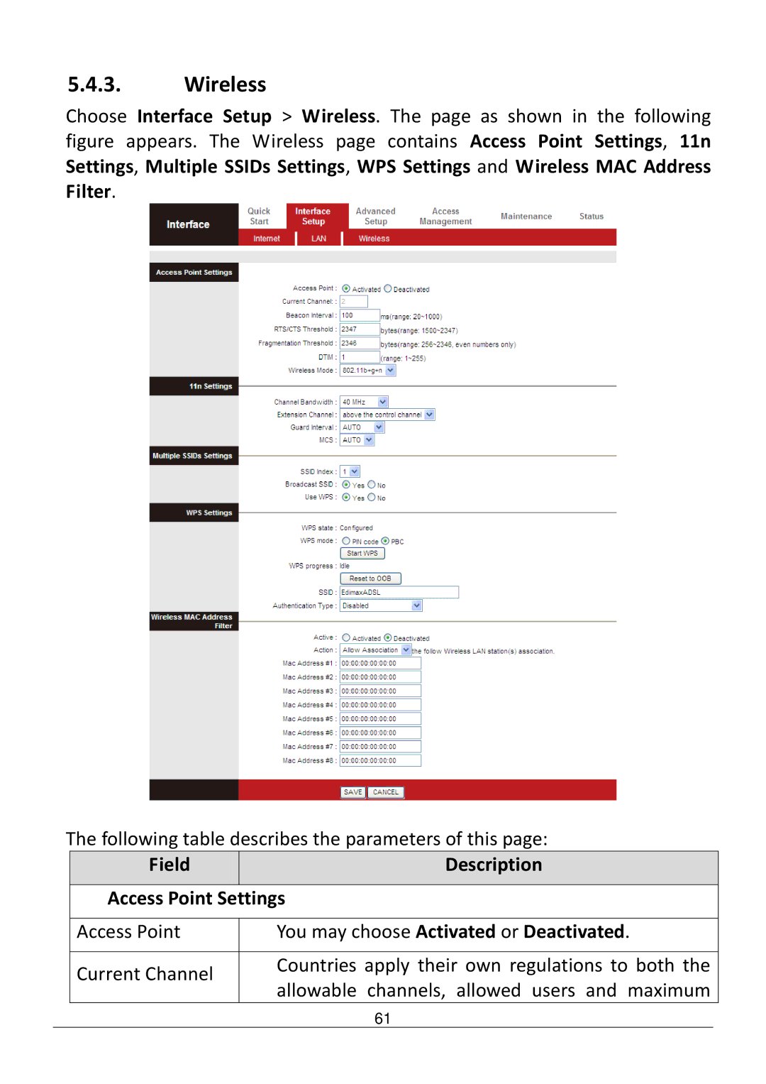 Edimax Technology AR-7286WNB Wireless, Field Description Access Point Settings, You may choose Activated or Deactivated 