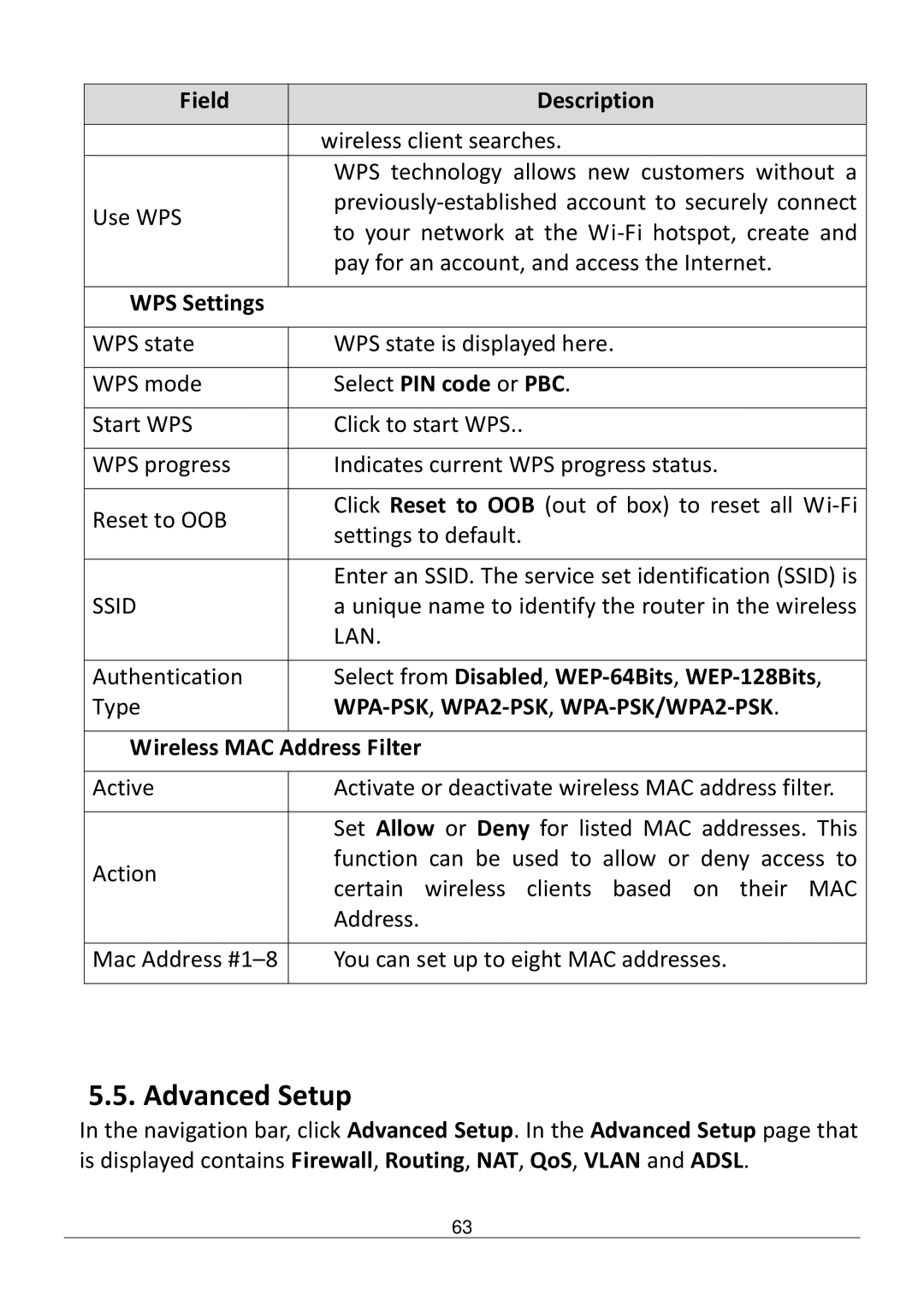 Edimax Technology AR-7286WNB user manual Advanced Setup, WPS Settings, Select PIN code or PBC, Wireless MAC Address Filter 