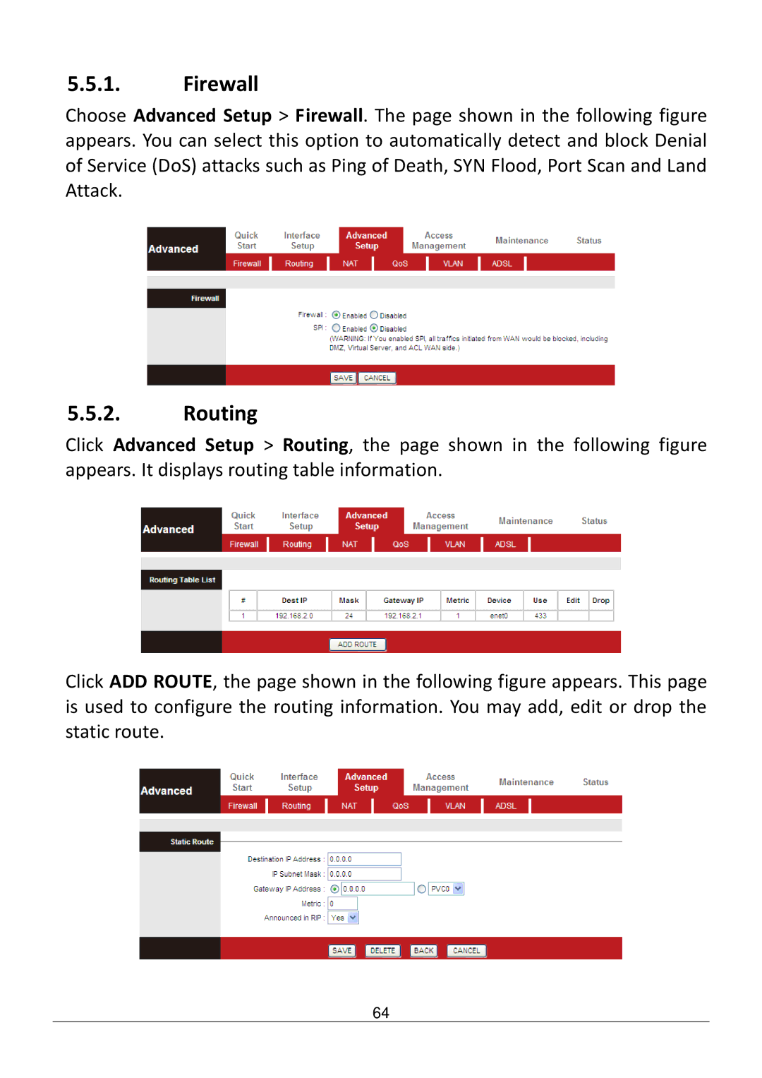 Edimax Technology AR-7286WNB user manual Firewall, Routing 