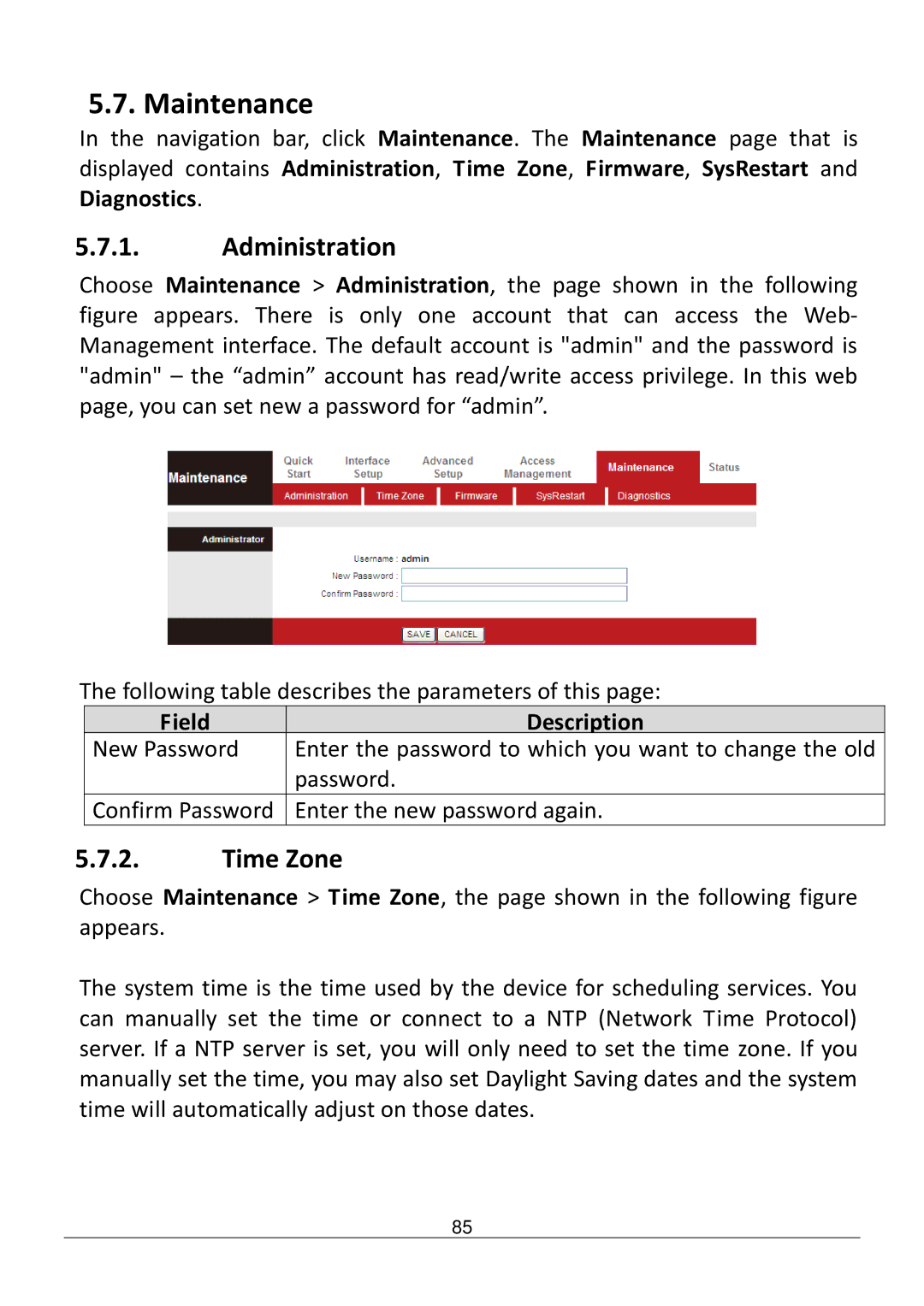 Edimax Technology AR-7286WNB user manual Maintenance, Administration, Time Zone 