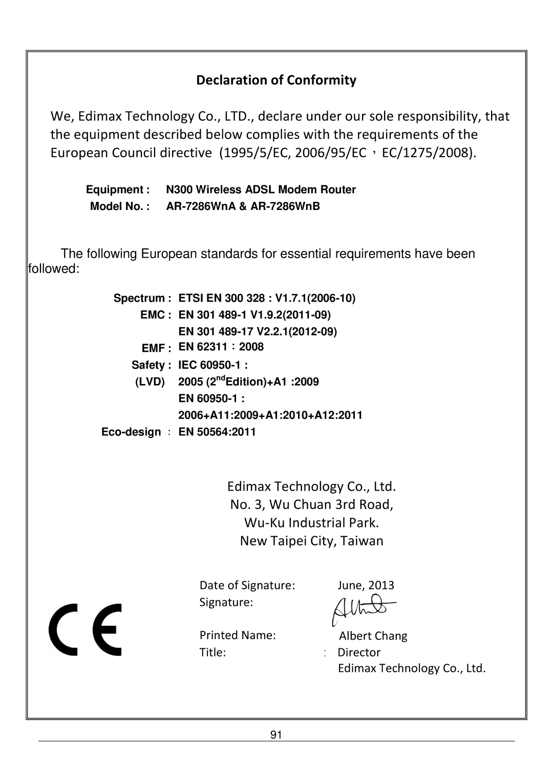 Edimax Technology AR-7286WNB user manual Declaration of Conformity 